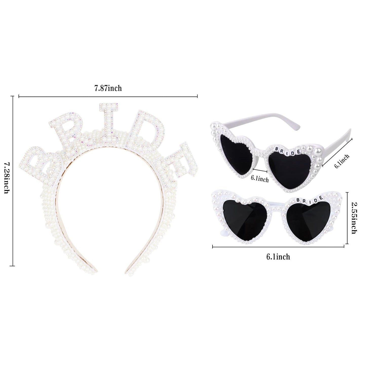 BAHABY Pearl Bride Headband with Veil + Heart Bride Sunglasses Set Bachelorette Party Decorations Bridal Shower Engagement Party Decorations