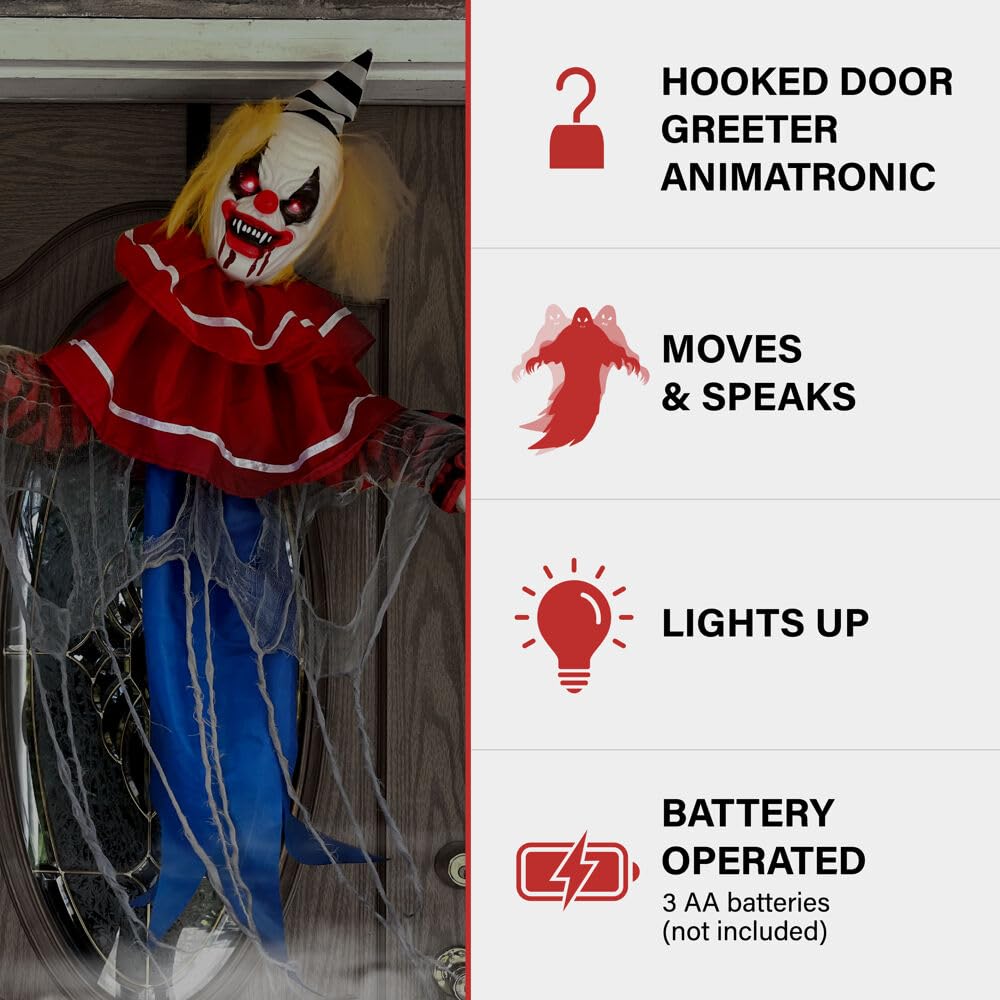 Haunted Hill Farm Animatronic Twisting, Talking Clown Greeter with Folding Door Hook for Scary Hanging Halloween Decoration