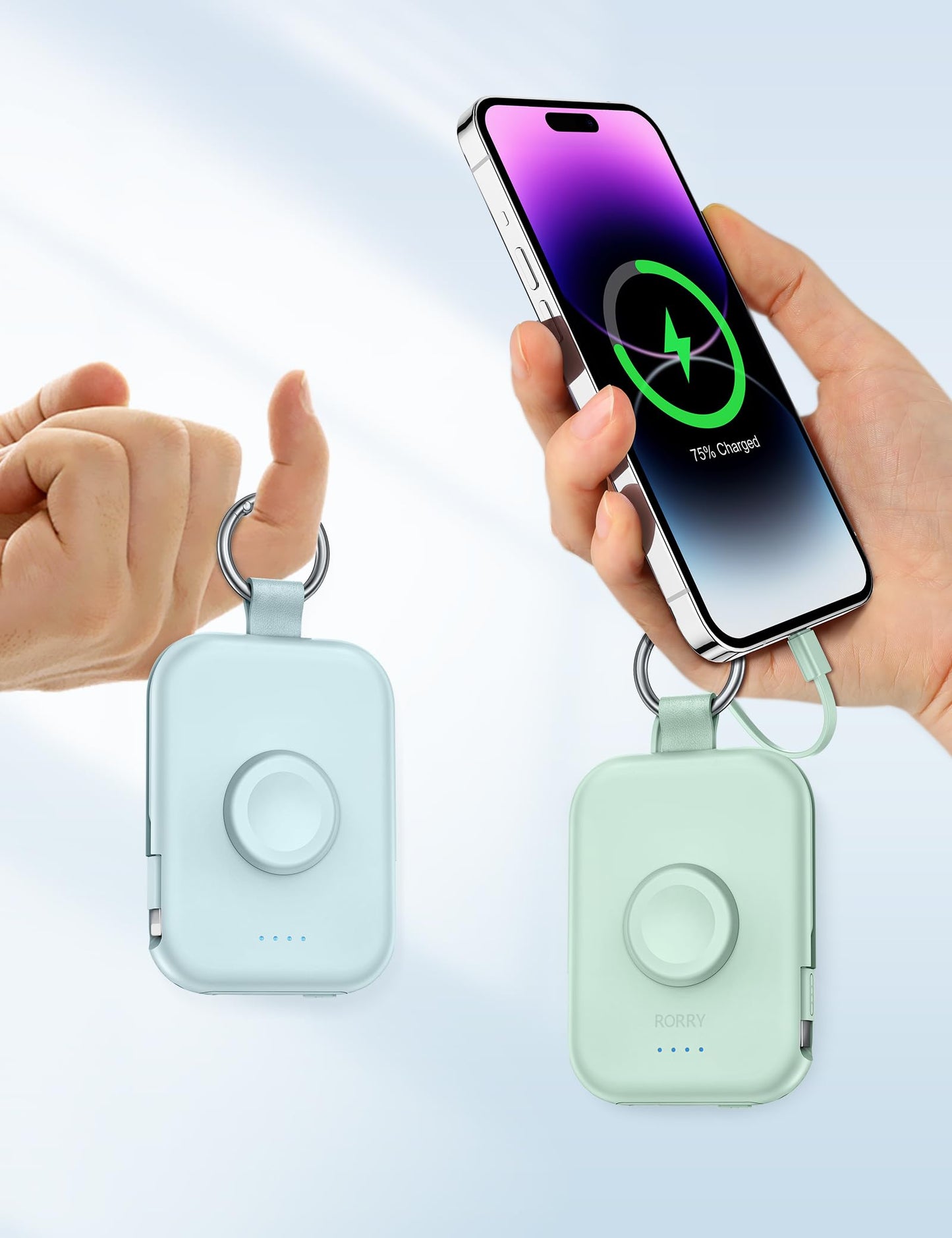 RORRY Portable Charger, 5000mAh Portable Charger Power Bank with Built-in Cables, Travel Keychain Battery Pack for Apple Watch Ultra 2/10/9/8/Ultra/7/6/SE/5, iPhone 16/15/14/13/12, Green