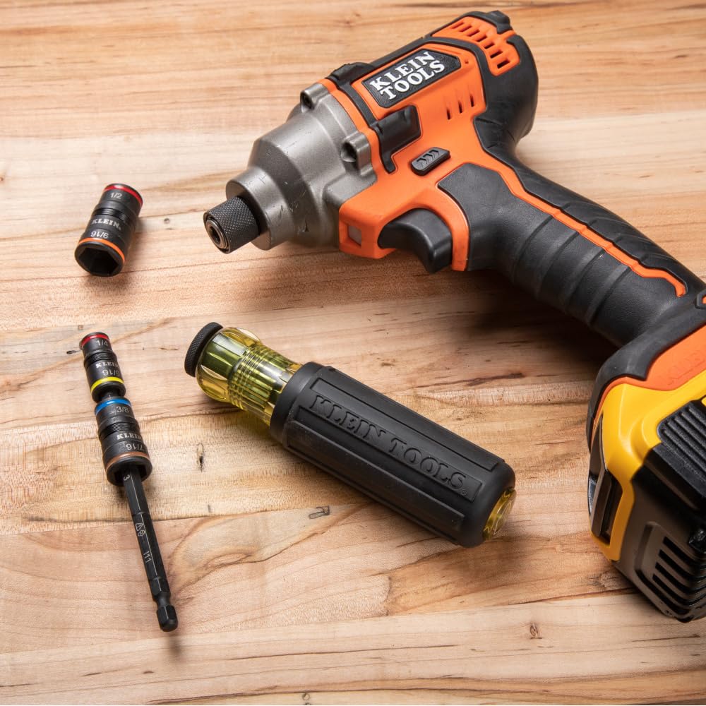 Klein Tools 32910 Impact Driver, 7-in-1 SAE Impact Socket Set with Handle, Flip Socket with 1/4, 5/16, 3/8, 7/16, 1/2 and 9/16-Inch Nut Driver Sizes and 1/4-Inch Bit Holder