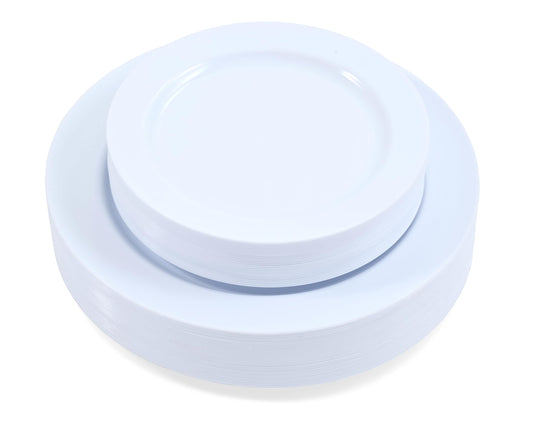 Crystal Ridge Tableware 120-Piece Plastic Plates Set Premium 60 Dinner Plates & 60 Salad Plates Pack, Disposable Plates for Party - White Plastic Wedding Plates with White Rim