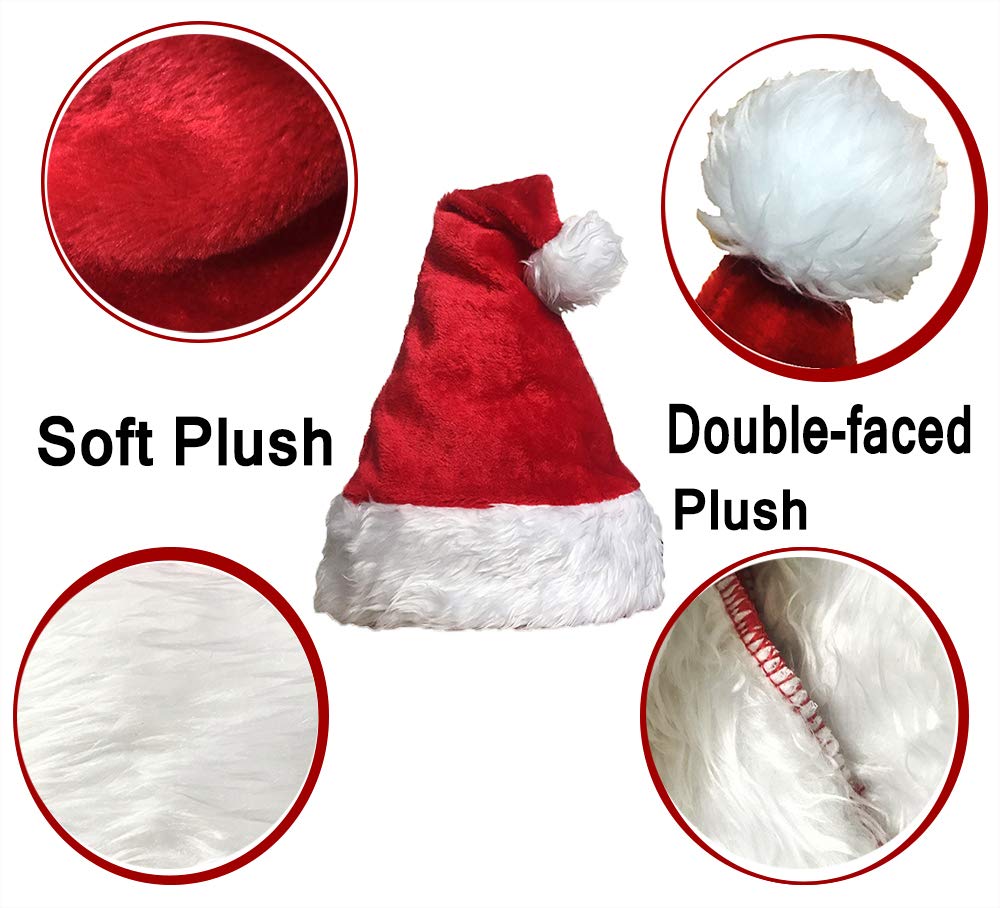 COOLJOY 6 Pack Plush Santa Hat, Traditional Red and White Plush Christmas Santa Hat for Christmas Party, Adult Size