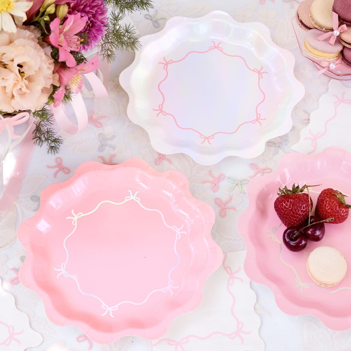 xo, Fetti Pink + Iridescent Wavy Bow Plates - 24 pcs | Bachelorette Decorations, Happy Birthday Party, Baby Shower, Cute Disposable Tableware, Bday Supplies, Bridal Shower