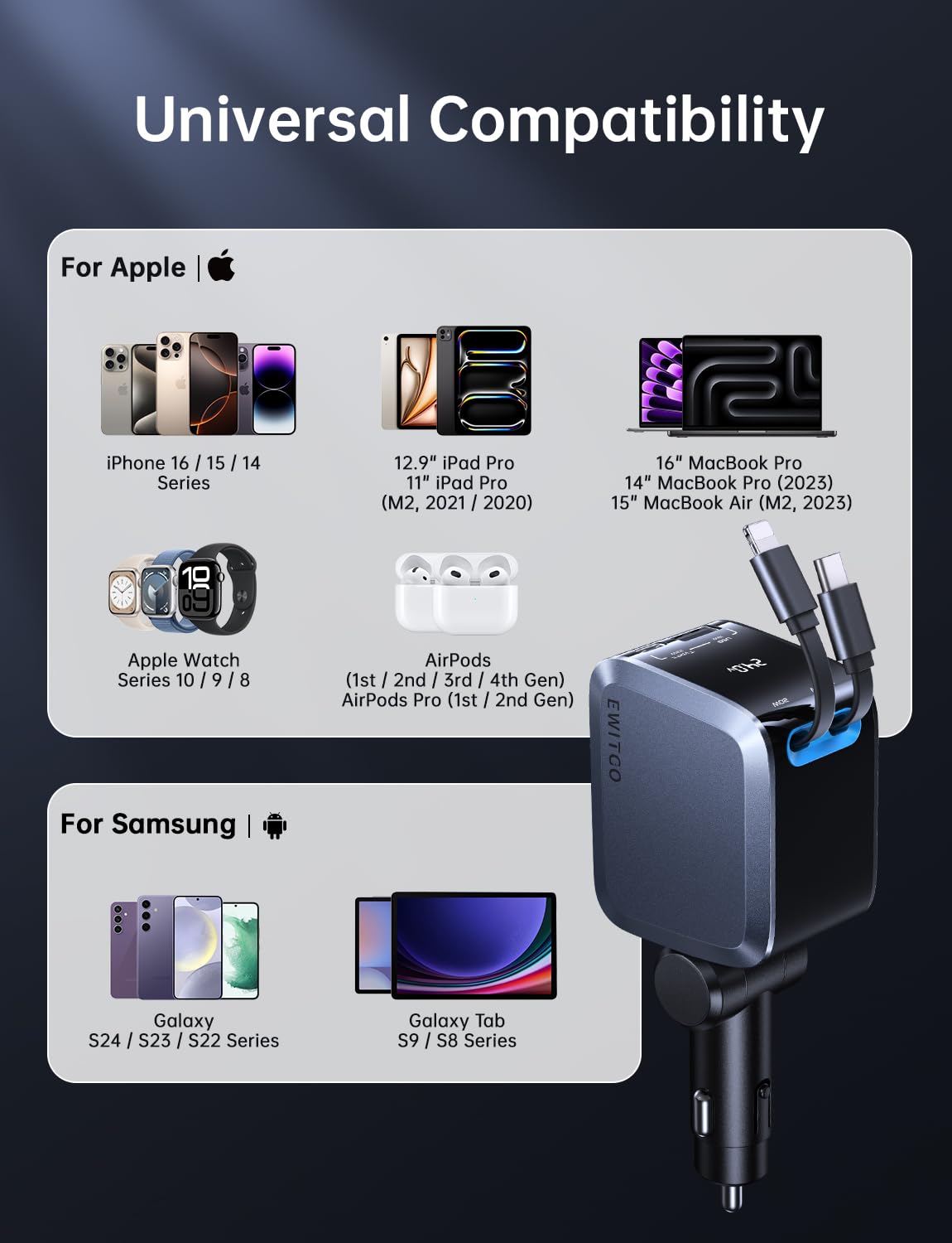 EWITGO Retractable Car Charger, Car Accessories, 72W Fast Charging USB C Car Charger with 4FT Retractable Cables and 2 Ports, for iPhone 16 15 14 13 12, Samsung etc Warm Grey