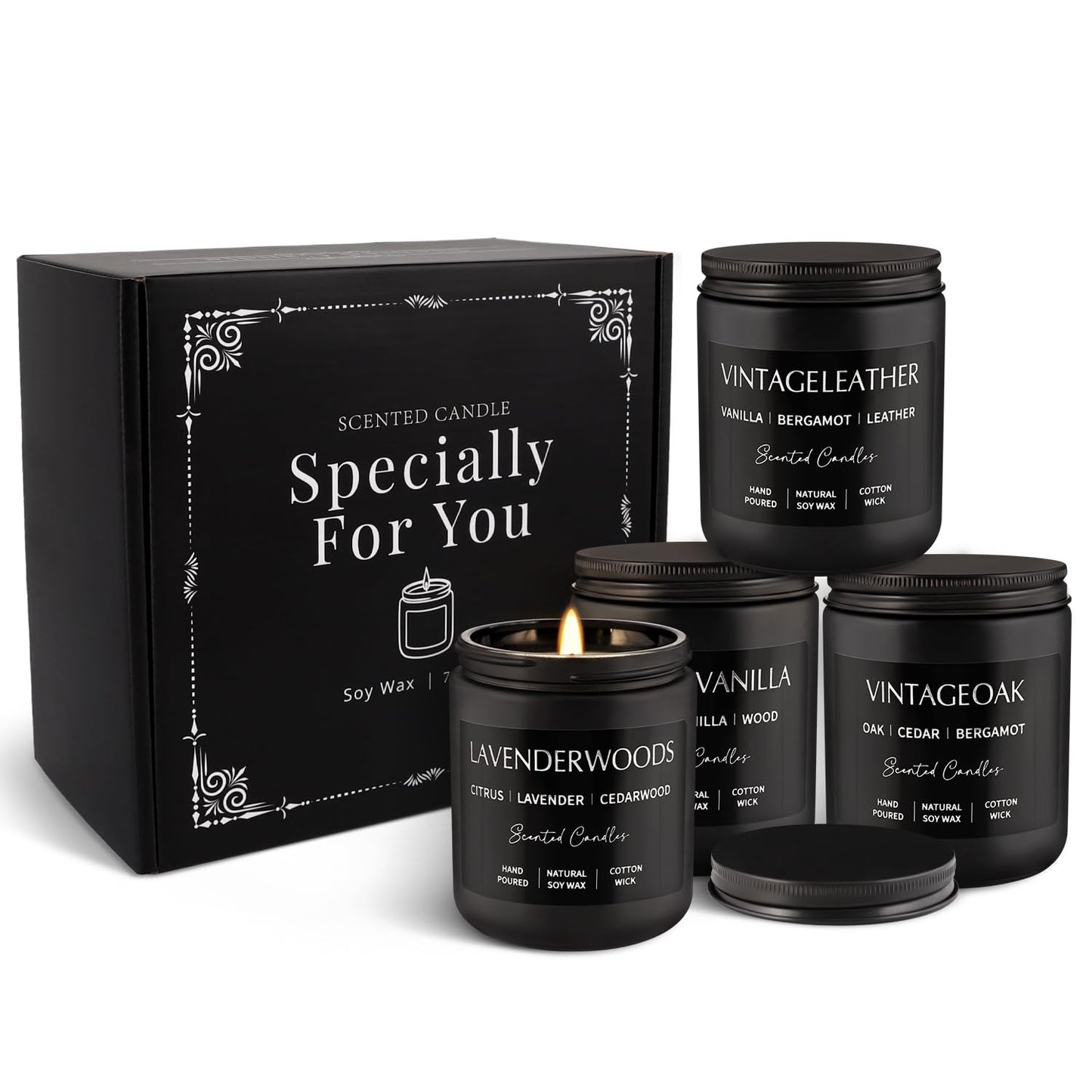 Scented Candles Gift Set - 4 Pack (7oz Each) Soy Wax Aromatherapy Candles with Essential Oils, Smokeless - Leather & Smoke, Vanilla Oakmoss, Lavender - Relaxing Fragrance for Home, Office, Yoga