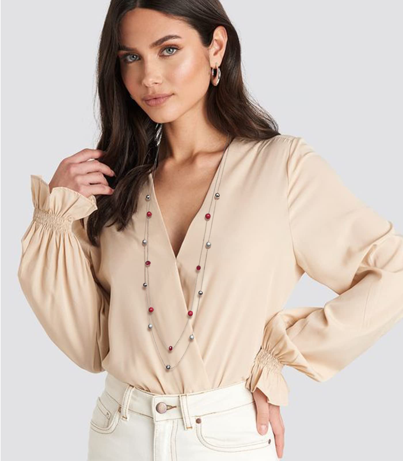 Silver Layered Long Necklace for Women Pearl Crystal Sweater Strand Chain Necklaces Fashion Gifts (Red)