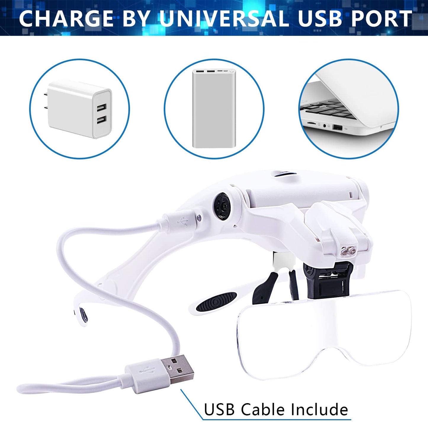 Hands Free Headband Magnifying Glass, USB Charging Head Magnifier with LED Light Jewelry Craft Watch Hobby 5 Lenses 1.0X 1.5X 2.0X 2.5X 3.5X (Upgraded Version)