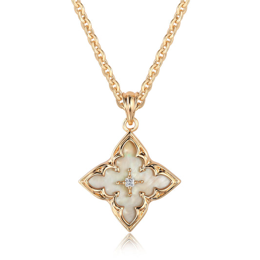 Fettero Gold Clover Necklace for Women Dainty 14K Gold Plated CZ Pendant Necklace Charm Colorful Clover Pendant Lucky Necklaces for Women Jewelry - White Mother of Pearl