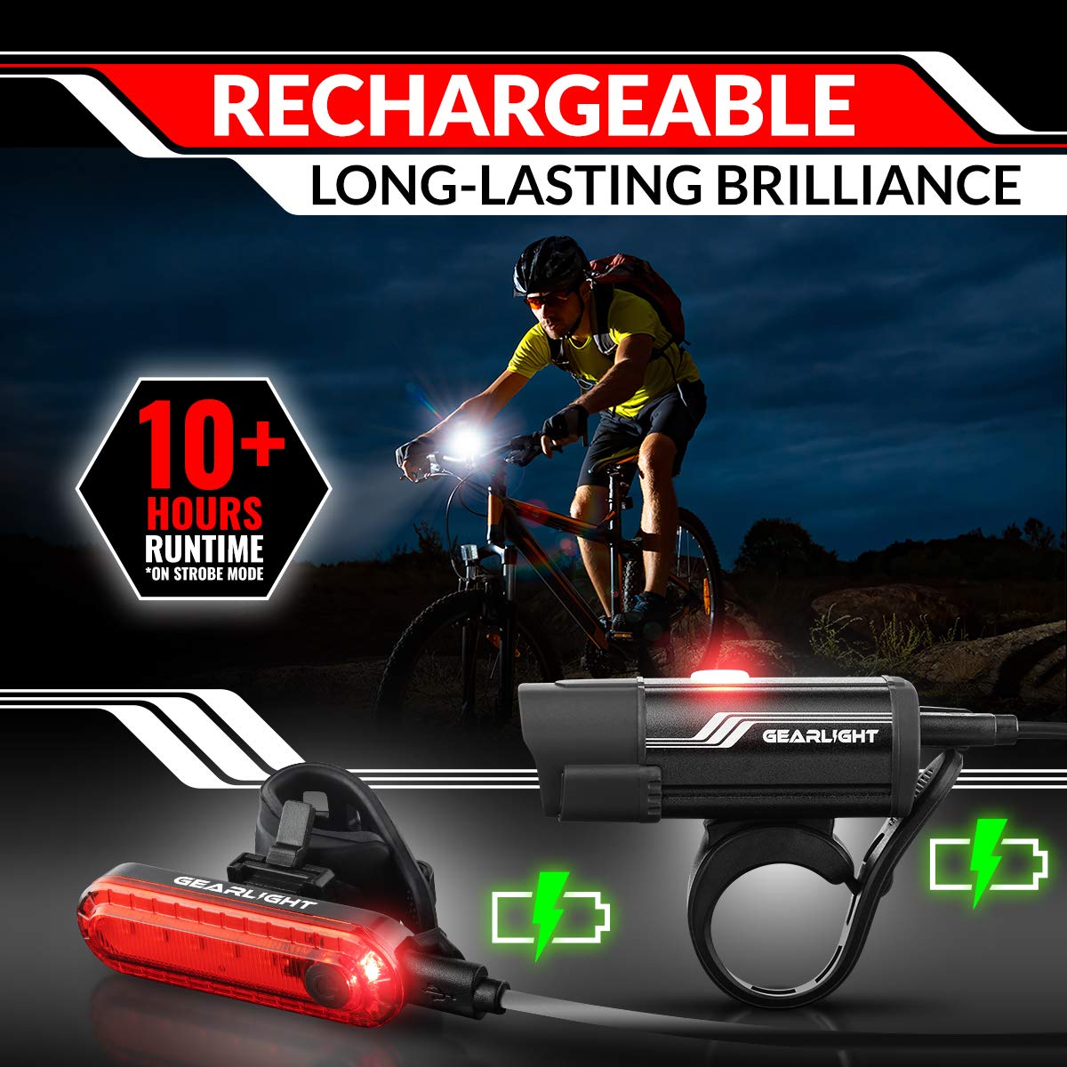 GearLight Rechargeable Bike Light, Headlight and Tail Light Set, Powerful Front and Back Lights for Night Riding Safety, Night Riding Accessories, White Elephant Stocking Stuffer for Men - Black, Red