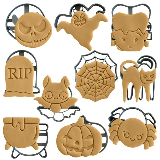 Moose Goods Set of 10 Halloween Cookie Cutters - Cat, Spider, & Pumpkin Cookie Cutters & Stamp - Web, Skull, & Ghost Cookie Cutters for DIY Baking Supplies, Food-Grade Cookie Cutters & Shapes for Kids