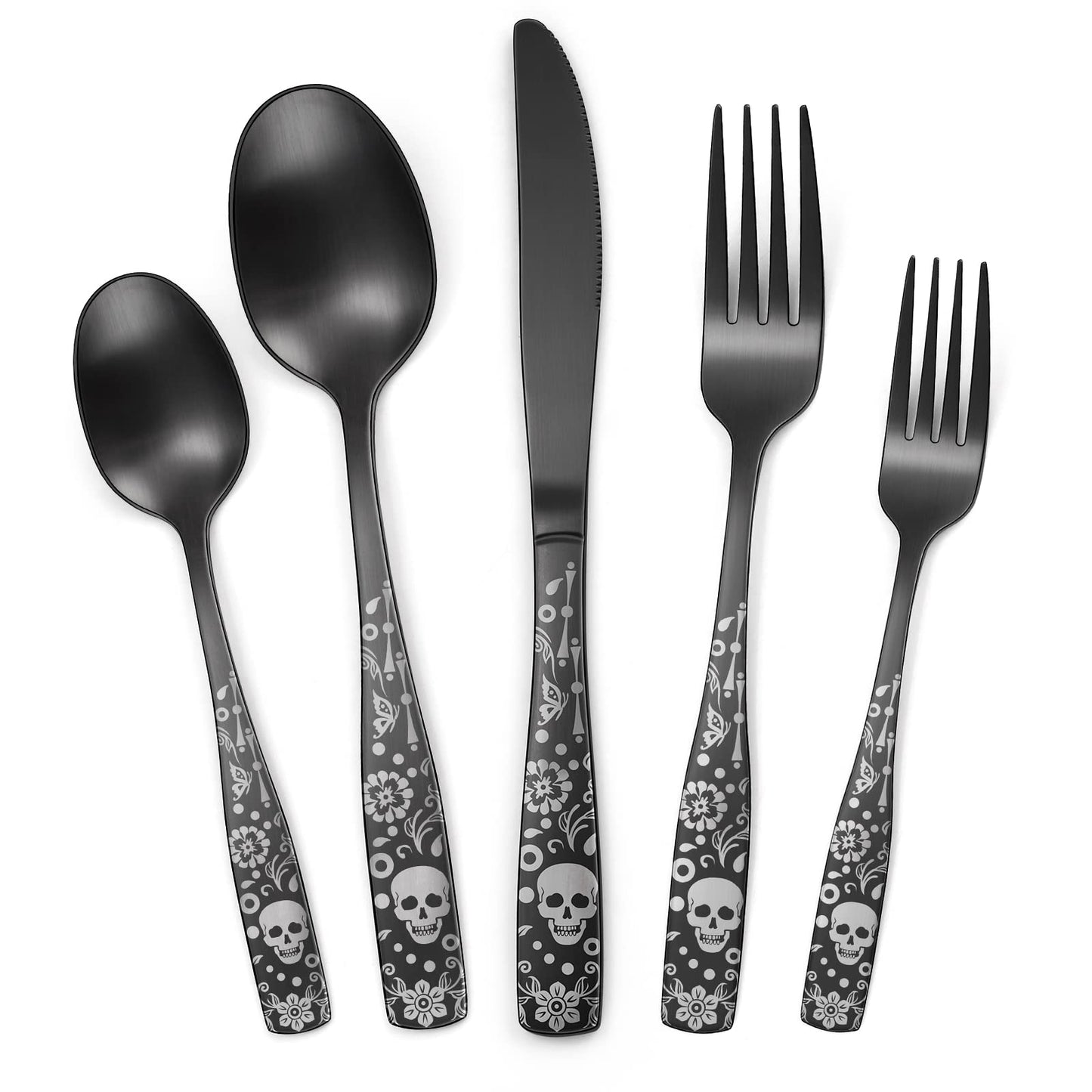 OIULO Pattern Matte Silverware Set for 8,40 Piece Gothic Black Flatware set,Skeleton Flower Bat Unique Pattern Design,Skull Knive Fork Spoon Spooky Utensils Cutlery,Halloween Party Supplies Event Tab