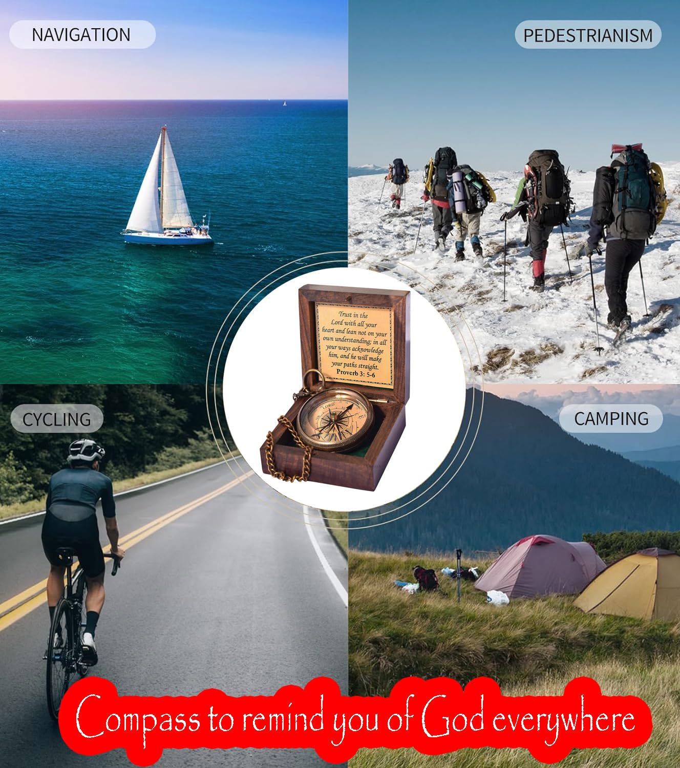 Trust in The Lord with All Your Heart -Proverbs 3: 5-6 Quote Engraved Compass with Wooden Box, Greeting Card, Gift Compass, Graduation Day Gifts 2024 Compass for Women Mens Boy Girls