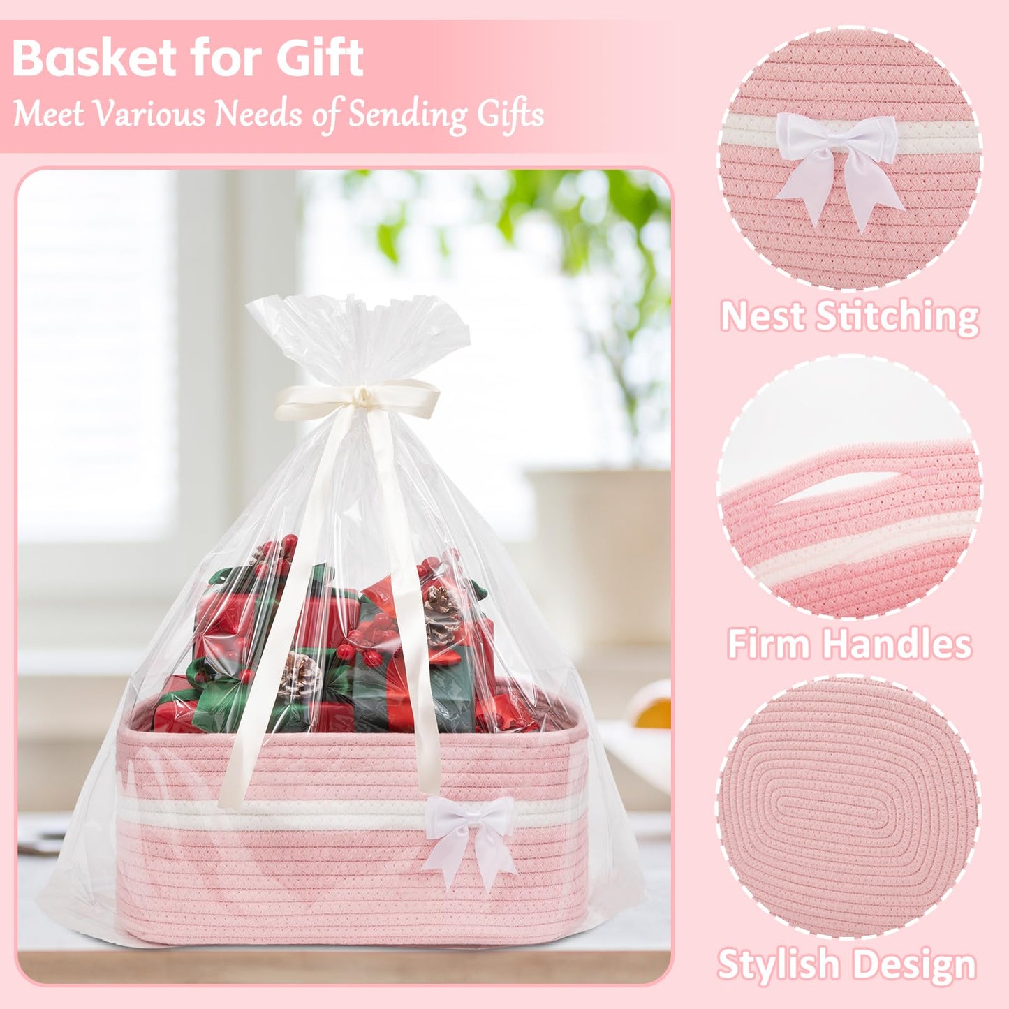 OIAHOMY Large Woven Storage Basket with Handles for Nursery Living Room Shelves, Bow Basket for Gifts Empty with Gift Bags and Ribbons for Baby Showers Pet Toy Bin - Pink