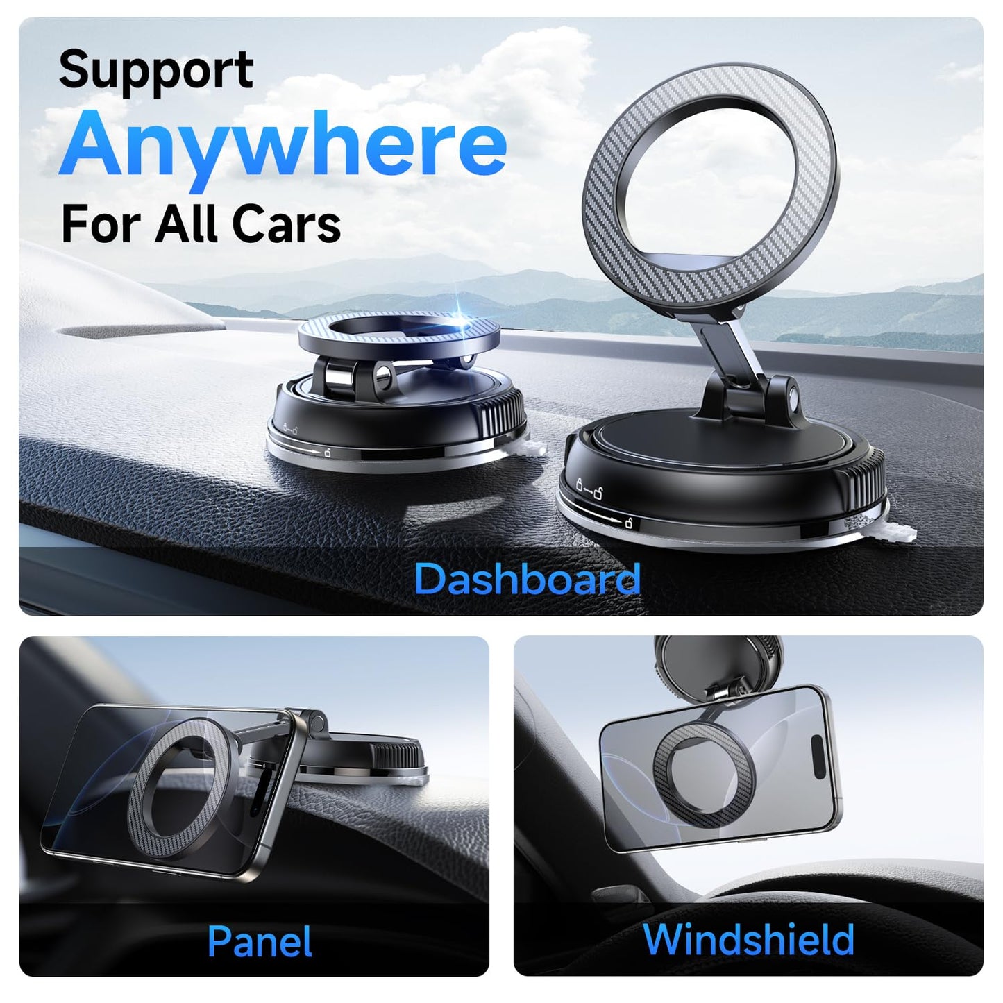 Car Phone Holder for Magsafe [78+LBS Strongest Suction & 2400gf Strongest Magnetic] 360° Adjustable Car Phone Mount, Phone Holders for Your Car for iPhone 16 Pro Max 15 14 13 12 Plus (Carbon Fiber)