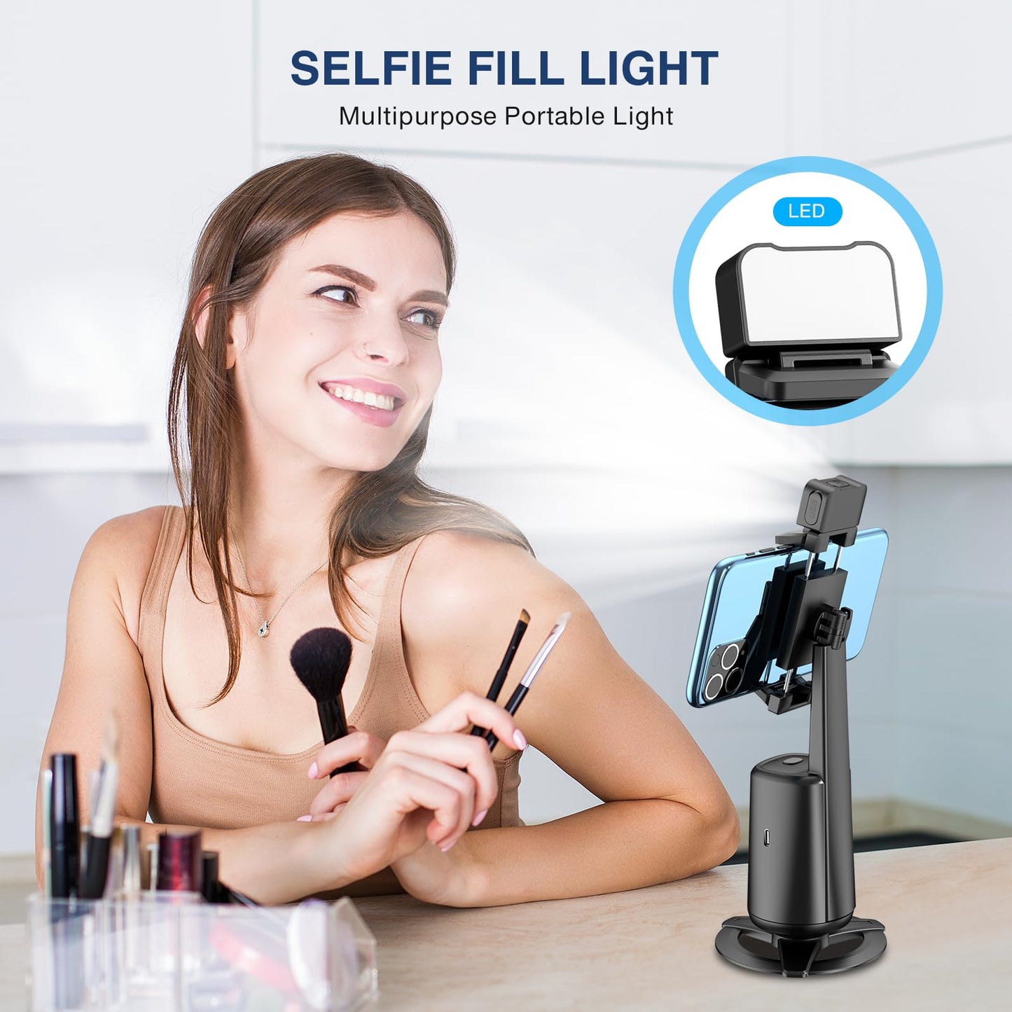 Auto Face Tracking Tripod 360° Rotating Cell Phone Photo and Video Kits Stand, No App, Camera Stand with Remote and Gesture Control, Rechargeable Smart Shooting Stand for Live Recording Tiktok（Black）