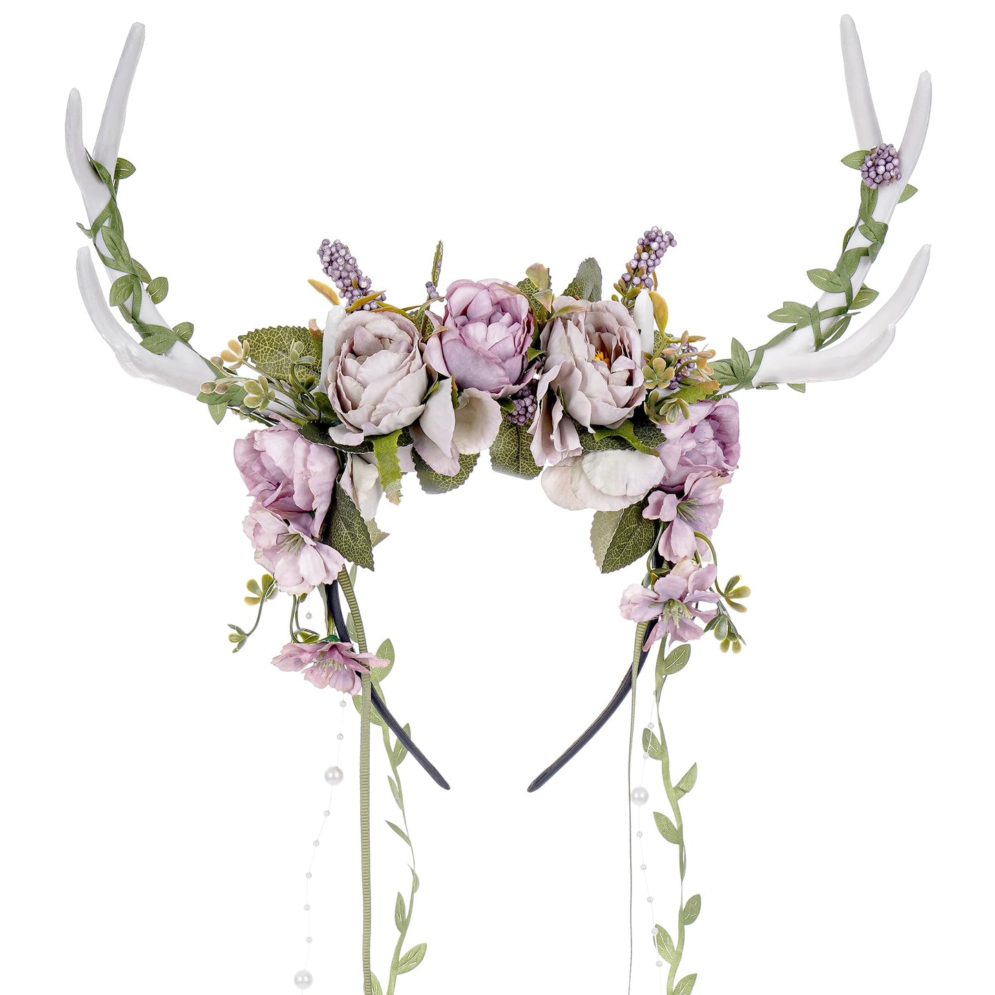MOSTORY Fairy Deer Antler Headband - Purple Flower Reindeer Headband with Vines for Woodland Costume Women, Forest Floral Antlers Headpiece for Renaissance Accessories Cosplay Fantasy Photo Shoot