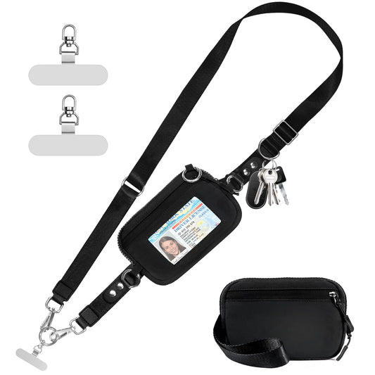 Tiostep Clip and Go Strap for Phone with Wallet Crossbody Phone Lanyard Adjustable and Detachable RFID Wristlet Wallet with ID Window and Zipper, Black