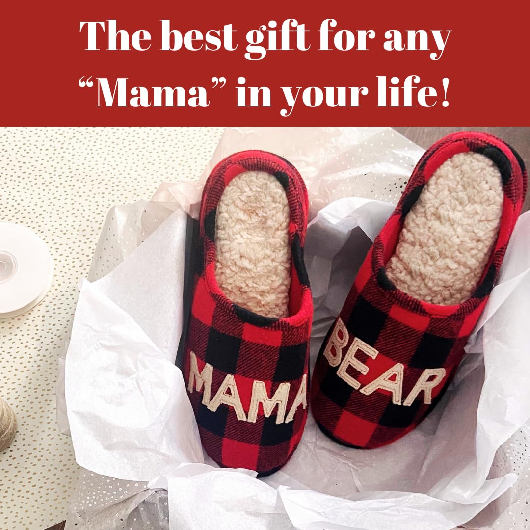 Dearfoams Women's Gifts for Mom Cute Cozy Mothers Day Mama Bear Slipper, Buffalo Plaid, 9-10