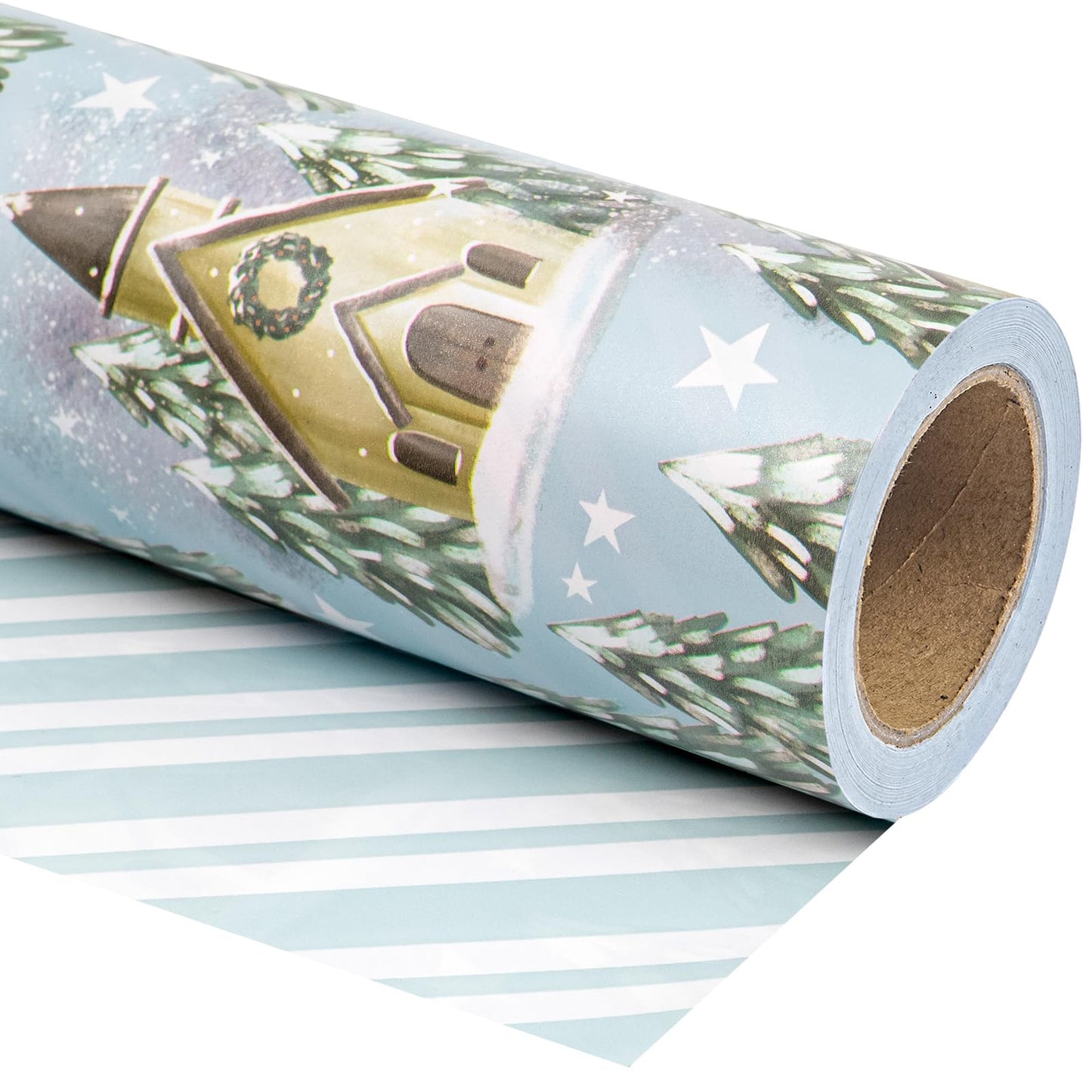 WRAPAHOLIC 30 Inch Jumbo Reversible Christmas Wrapping Paper - 30 Inch X 100 Feet Jumbo Roll Silver and White Christmas Tree and House Printed on Pearlized Paper