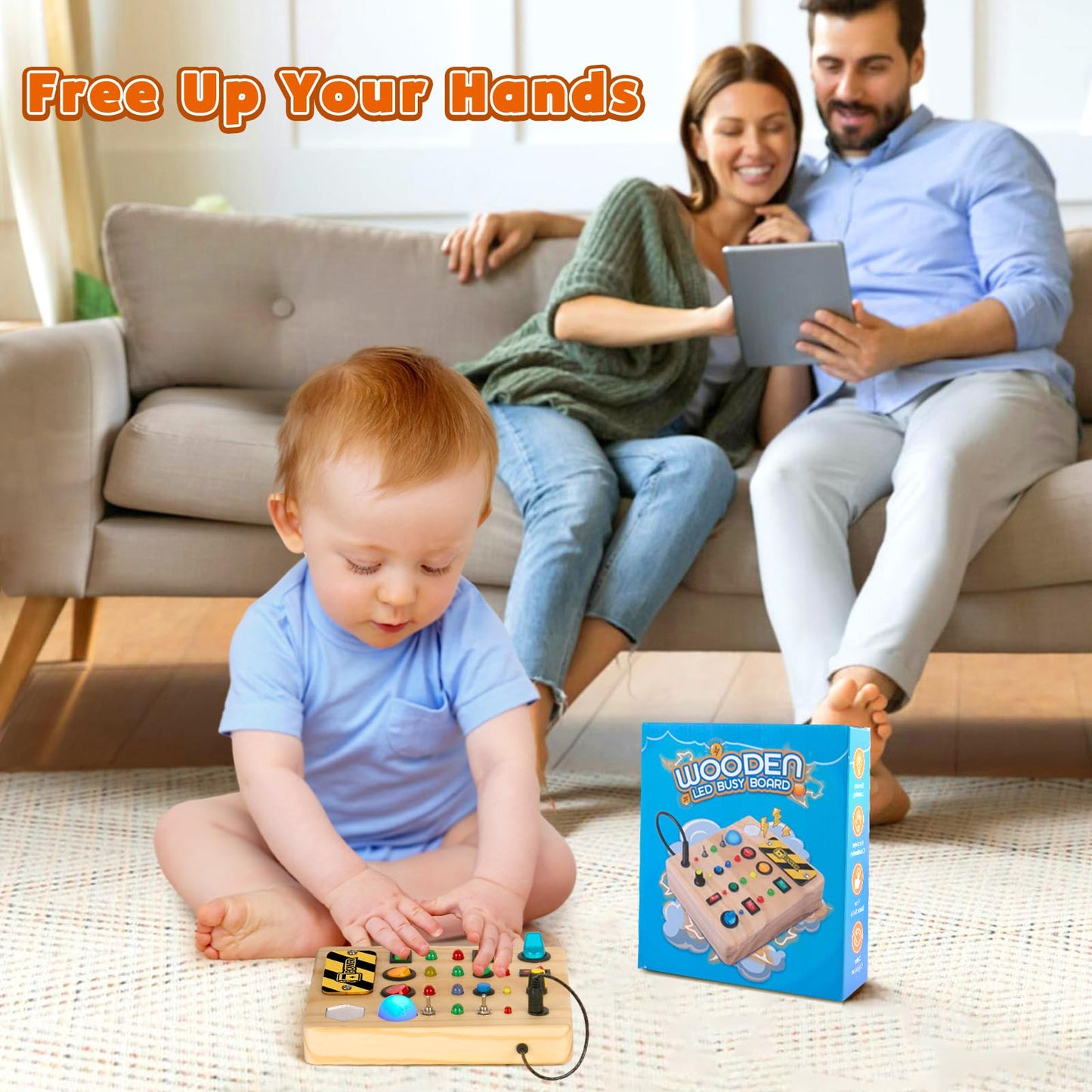 TINTECUSA Busy Board Montessori Toys for Toddler, Wooden Sensory Board Switch Toy with Shape Sorter LED Light Up Toys Educational Plane Travel Activity for Girls & Boys