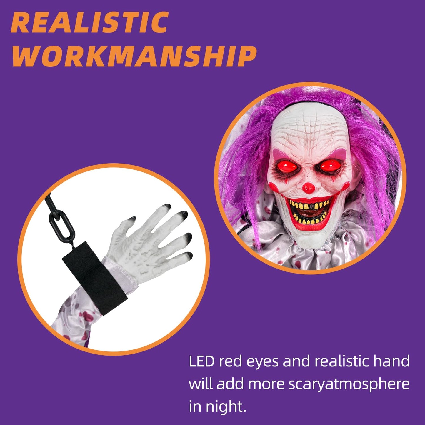 Kendane Halloween Decorations Outdoor and Indoor,Scary Halloween Animatronics Clown,Hanging Clown with Light-Up Eyes and Creepy Sound,Party Decorations for Yard Lawn,Haunted House Decor