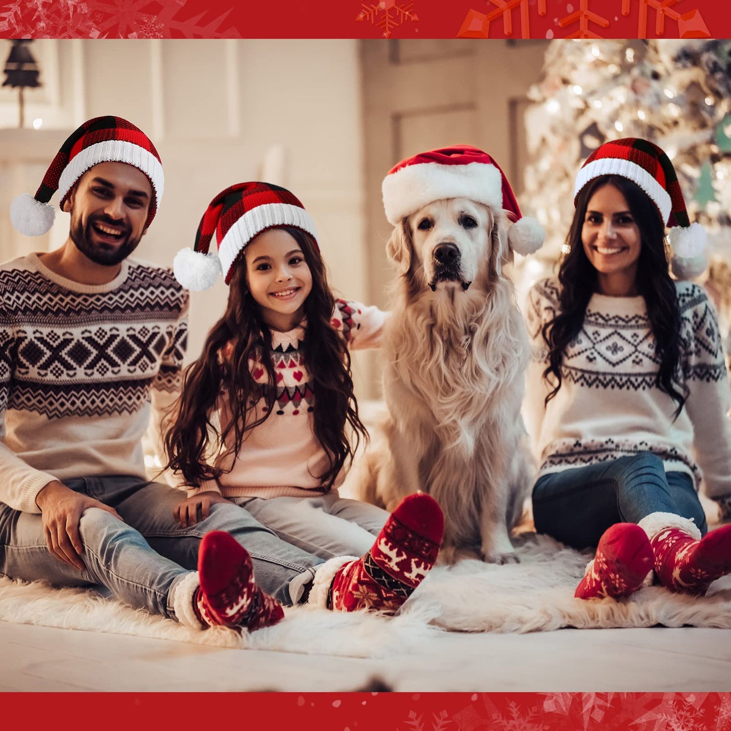 Loopeer 3 Pieces Christmas Hats Christmas Knitted Caps Winter Warm Beanie Plaid Hats with Pom Pom Santa(Red, Black)