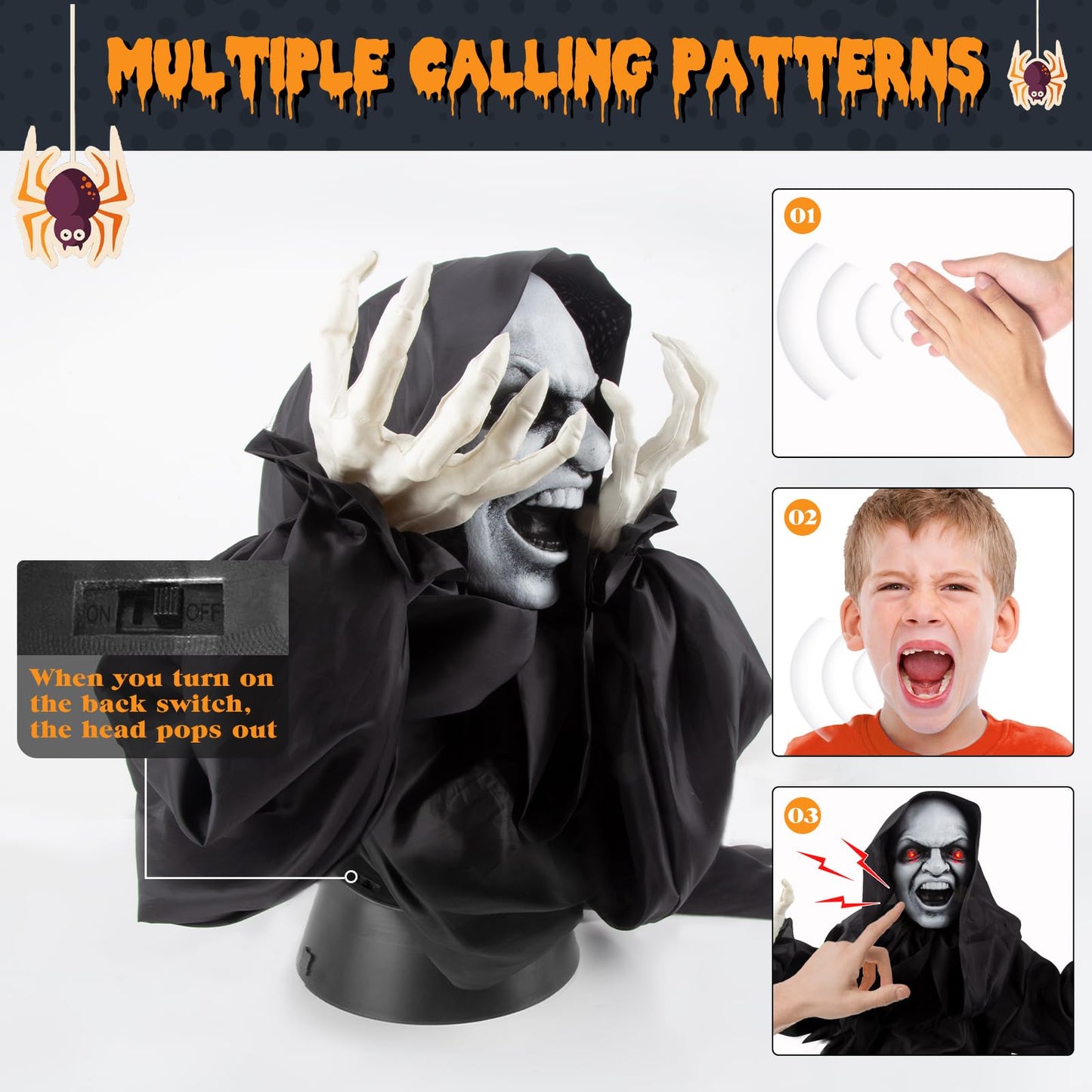 Halloween Animatronics Decorations - Scary Grim Reaper with Sound Activated, Creepy Sound, Light Up Eyes, Scary Motion for Halloween Indoor/Outdoor Yard Lawn Decoration, Haunted House Props