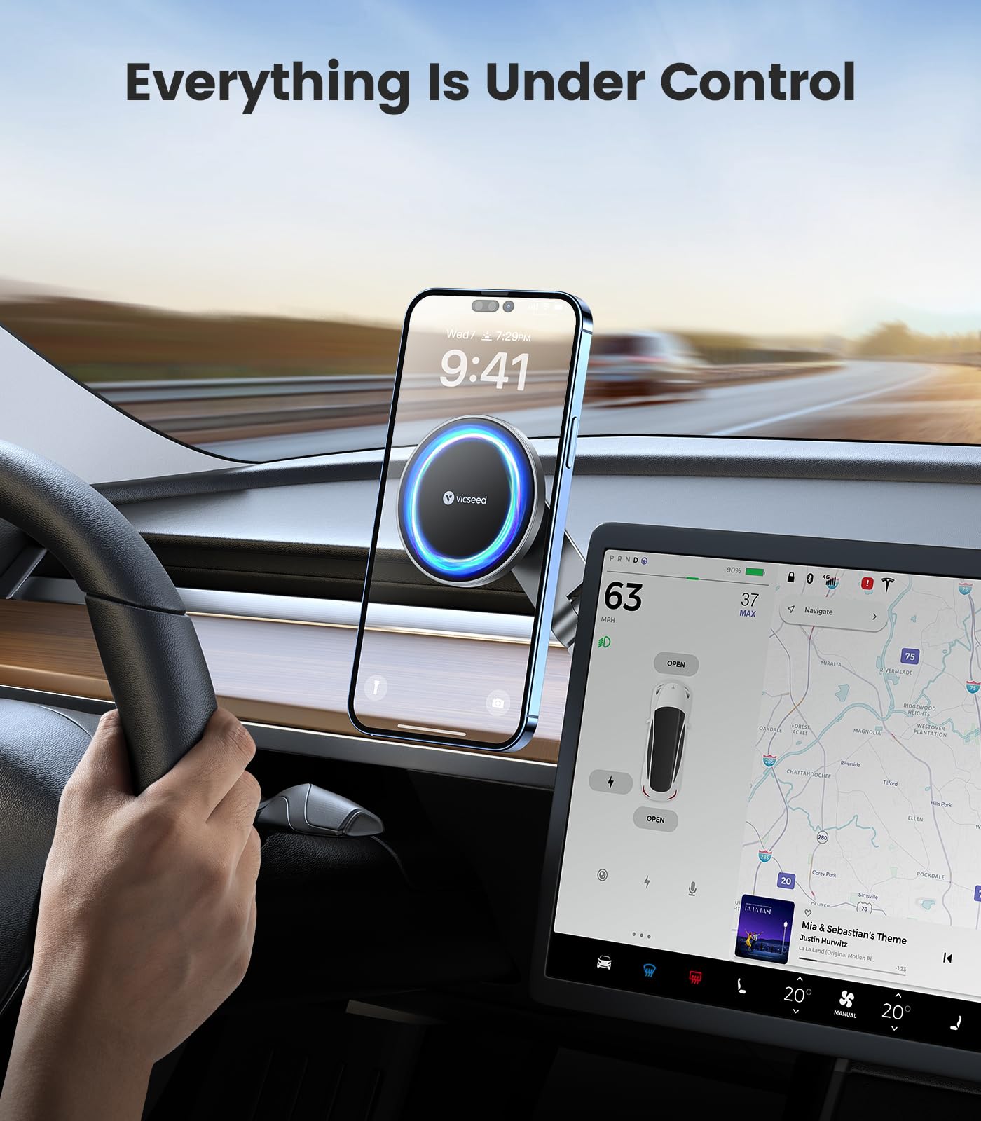 VICSEED Tesla Phone Mount【Strongest Magnet Power】 Foldable Hidden Tesla Phone Holder Fit for All Phones, Tesla Model 3/Y/Cybertruck Accessories, Tesla Model 3 Model Y for MagSafe Car Mount