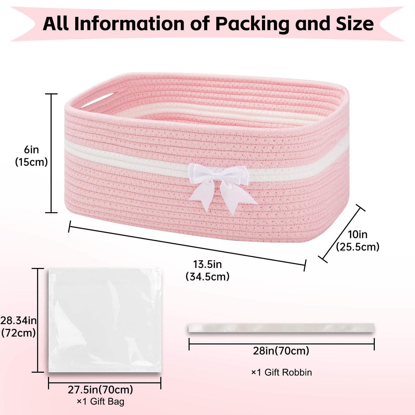 OIAHOMY Large Woven Storage Basket with Handles for Nursery Living Room Shelves, Bow Basket for Gifts Empty with Gift Bags and Ribbons for Baby Showers Pet Toy Bin - Pink