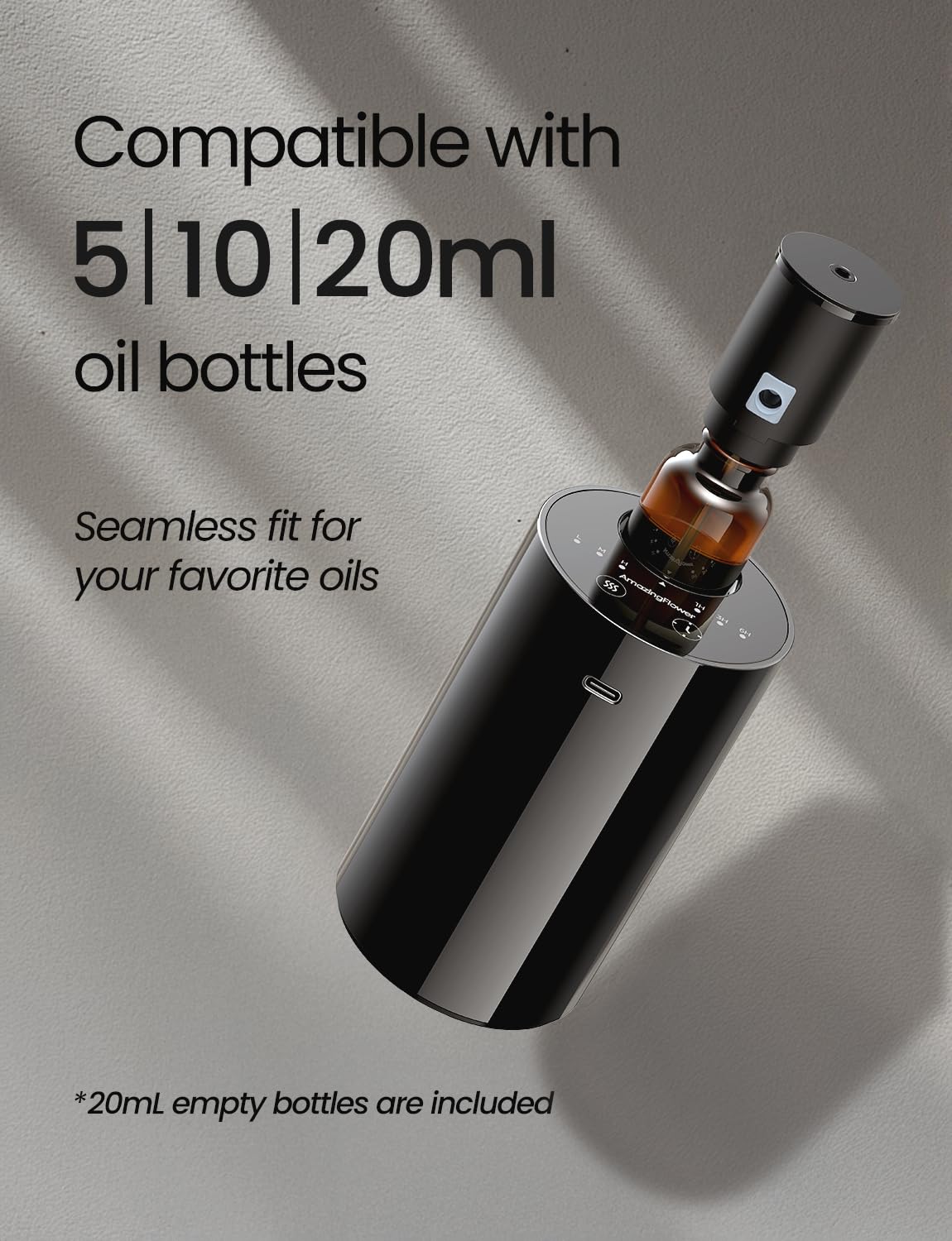 Waterless Essential Oil Diffuser, Portable Aromatherapy Diffuser with 20mL Capacity, Battery Operated Mini Scent Diffuser,3 Mist Levels & Timers, Leak-Free, for Home, Car, Office (Black)