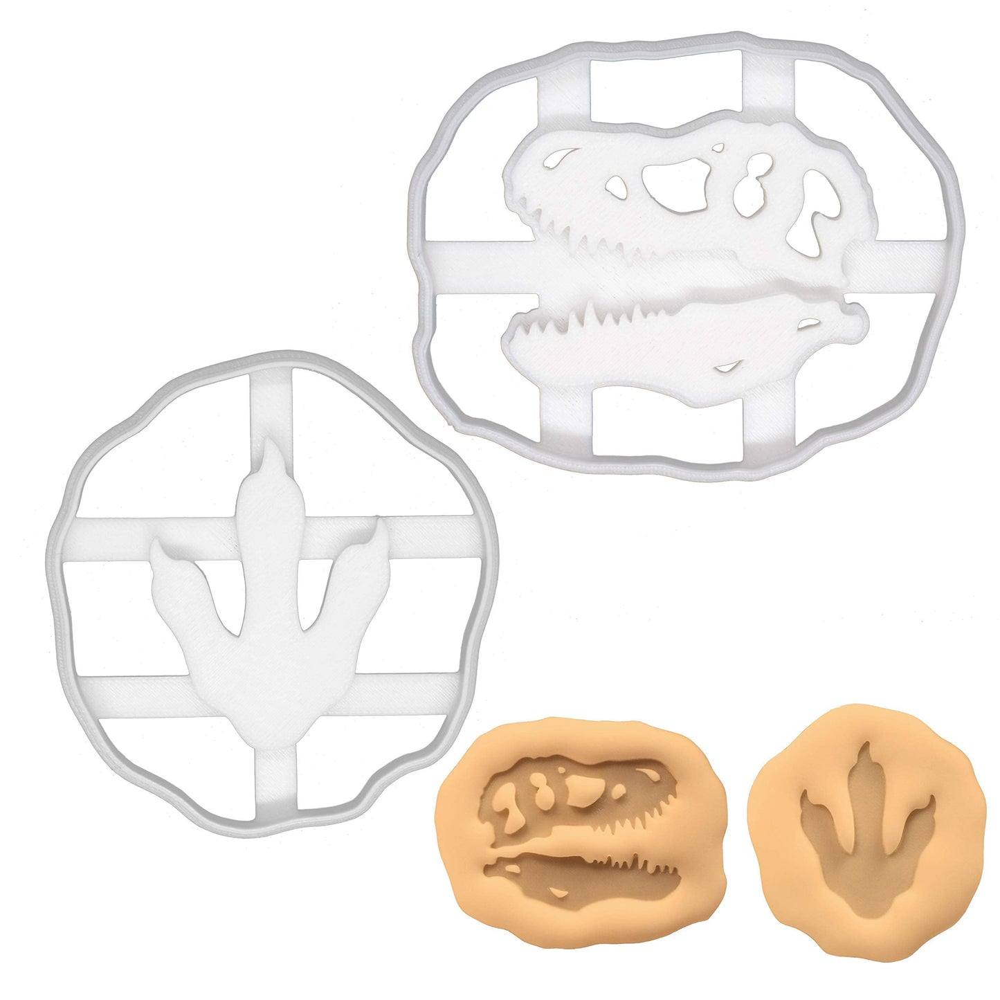 Set of 2 T-Rex Footprint and Skull Fossil cookie cutter, 2 pieces - Bakerlogy