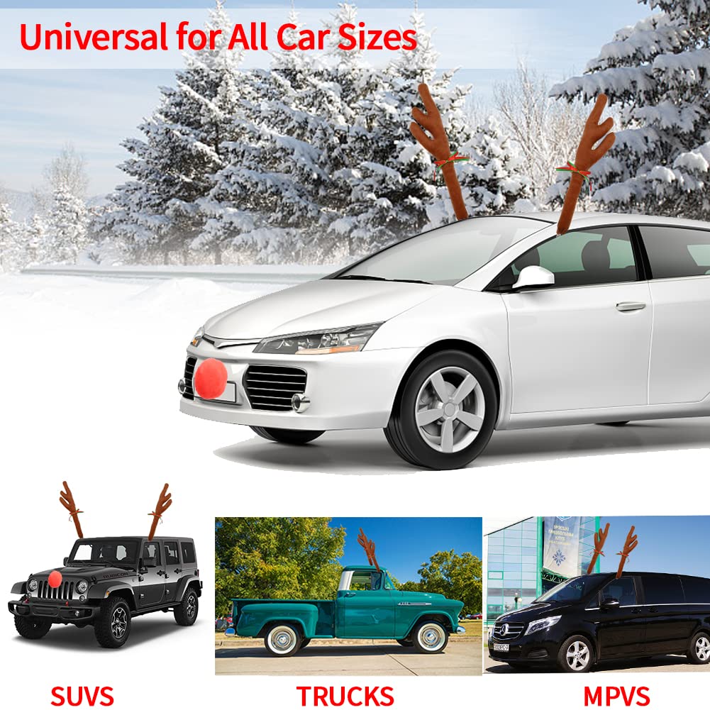 Abnaok Car Reindeer Antler Kit and Nose, Reindeer Christmas Decoration for Car Window Roof-Top & Front Grille,Christmas Reindeer Antlers Auto Decoration Set for Car SUV Van Truck