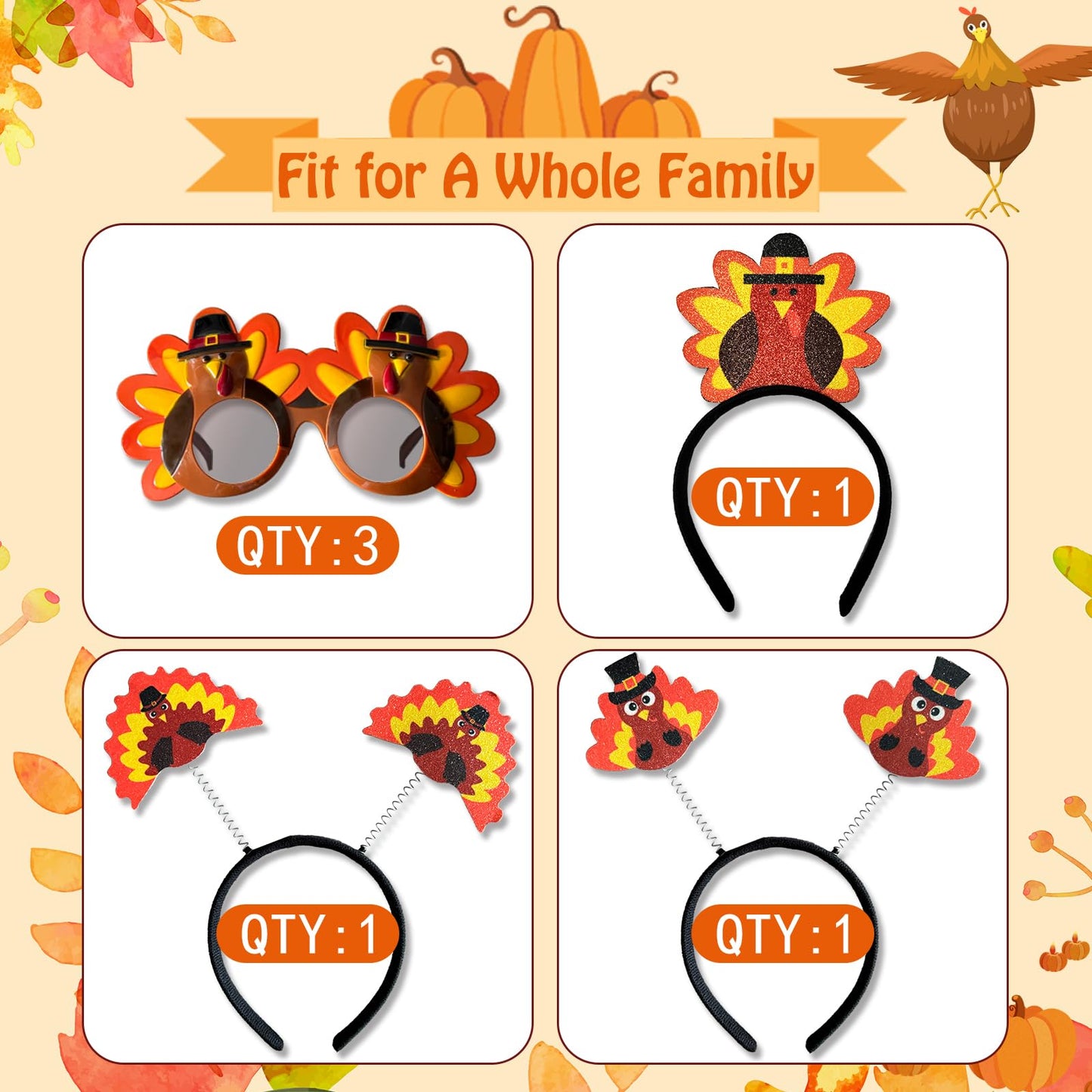 Jovlirz Thanksgiving Turkey Headbands Sunglasses, 3PCS Thanksgiving Glasses Frame & 3PCS Thanksgiving Turkey Head Wear Boppers for Thanksgiving Day Party Favor Costumes Props Fall Theme Party