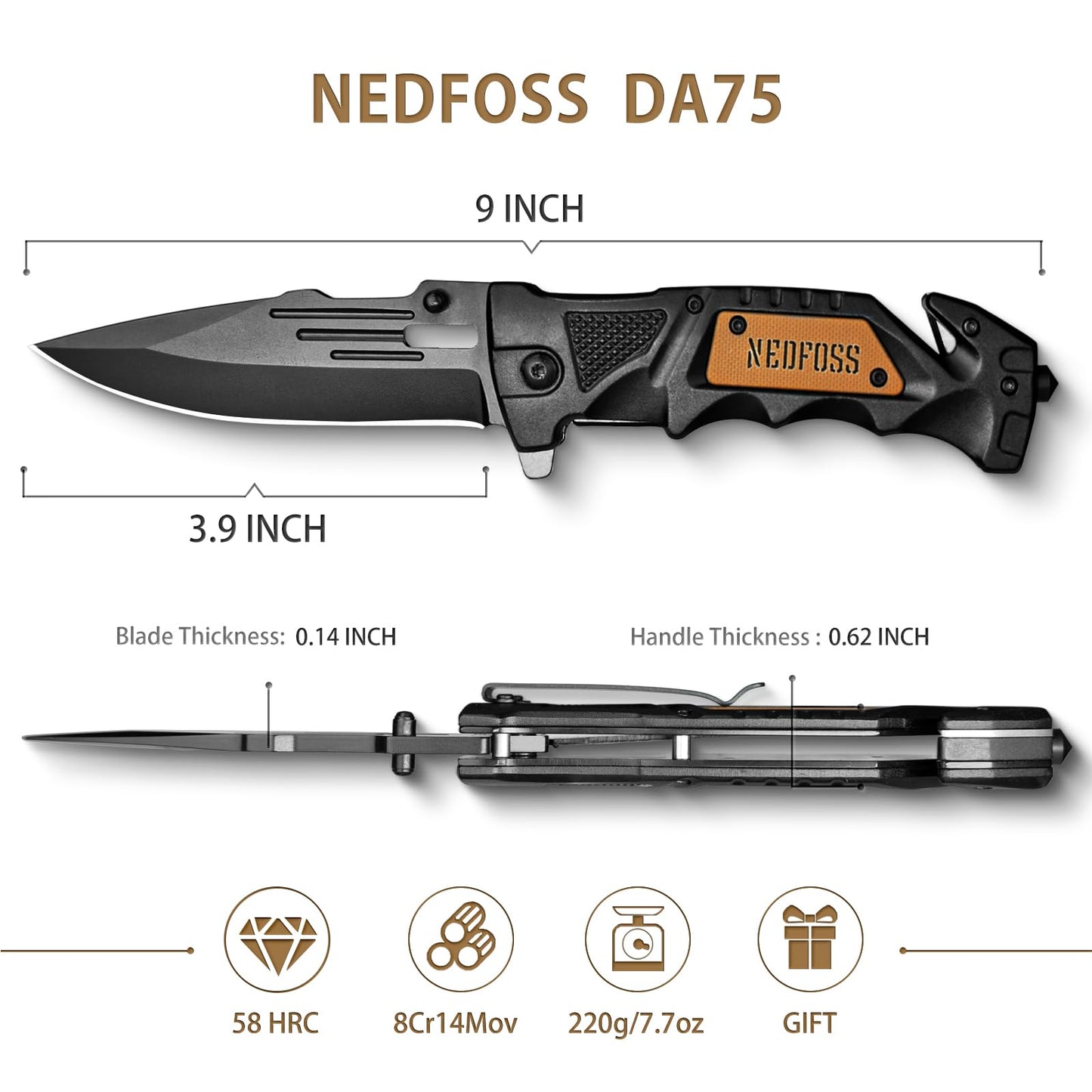 NedFoss Pocket Folding Knife DA75, 3 in 1 Pocket Knife for Men, Survival Knife with Liner-Lock Belt Clip, Seat Belt Cutter, Glass Breaker, Hunting knife for Camping Hiking