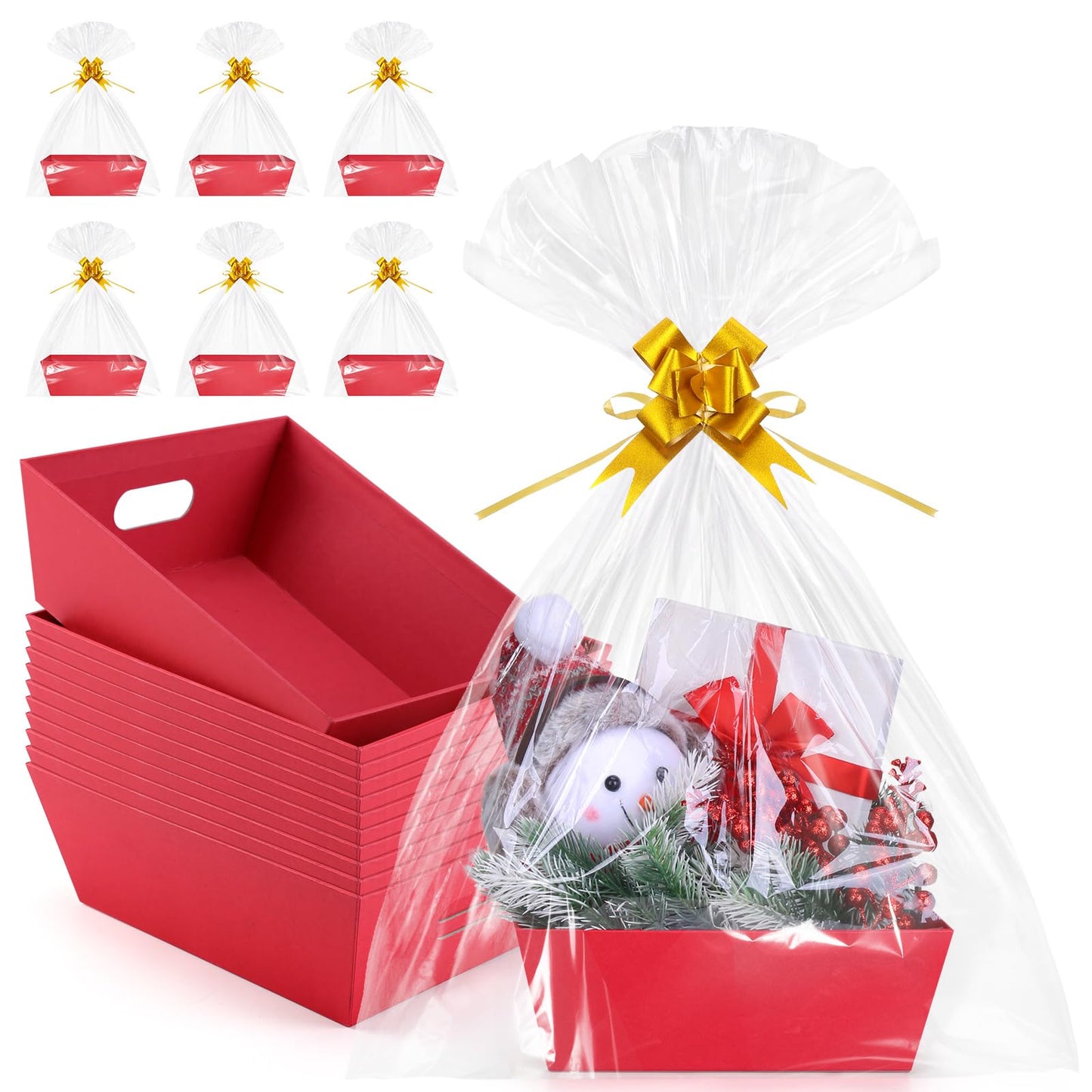 AFOROEOA 10PACK Baskets For Gifts Empty, 10 x 8”Thick Red Gift Basket with 10 Clear Gift Bags and 10 Pull Bows, Empty Gift Baskets for Christmas, Thanksgiving Wedding Birthday Party Wrapping Gift