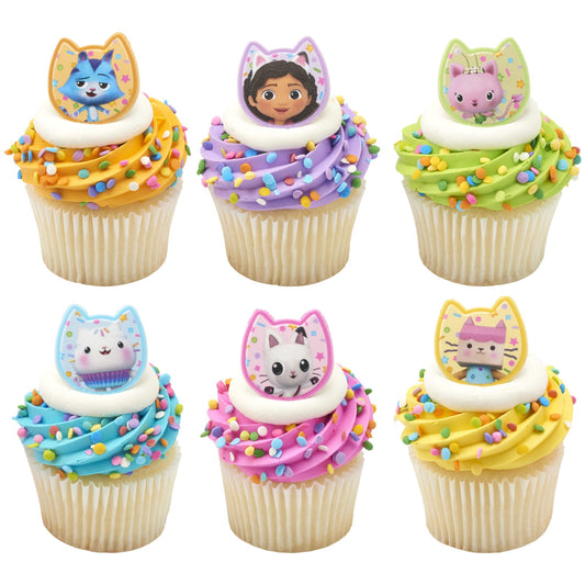DecoPac DreamWorks Gabby's Dollhouse Rings, 72 Cupcake Decorations Featuring Gabby, Pandy Paws, Irresistible Kitty Characters, and Super Fun Adventures! - 72 Pack