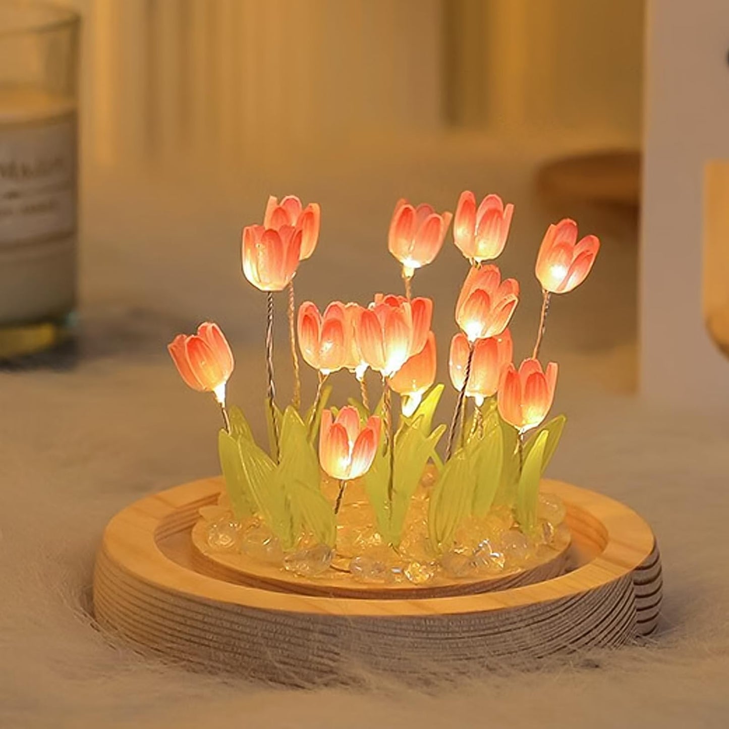 ONXE Birthday Flower Gifts for Mom,Tulips Night Light Small Glass Flower Lamp with Wooden Base for Home Decor Romantic Unique Christmas Gift for Women Girlfriend Sister Grandma Wife Her