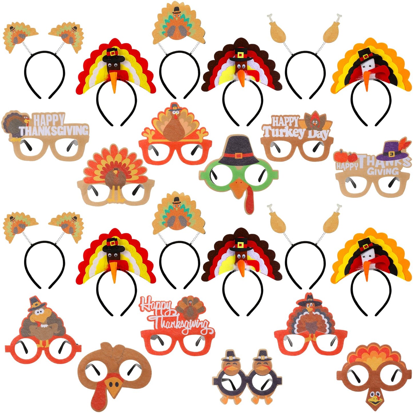 Hotop 24 Pcs Thanksgiving Turkey Headbands and Turkey Glasses Soft Felt Cloth Material Holiday Glasses and Headwears for Thanksgiving Autumn Party Favors