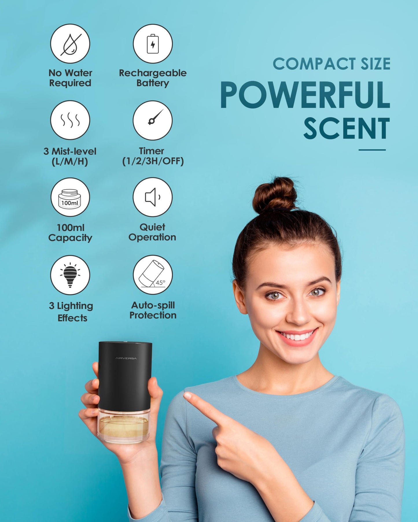 Airversa Essential Oil Diffuser Waterless Aromatherapy Diffusers for Home Large Room, Bedroom, Car, Office, Desk, Battery Operated, Small Diffuser for Pure Scent, 100mL Capacity, AN9 (Black)