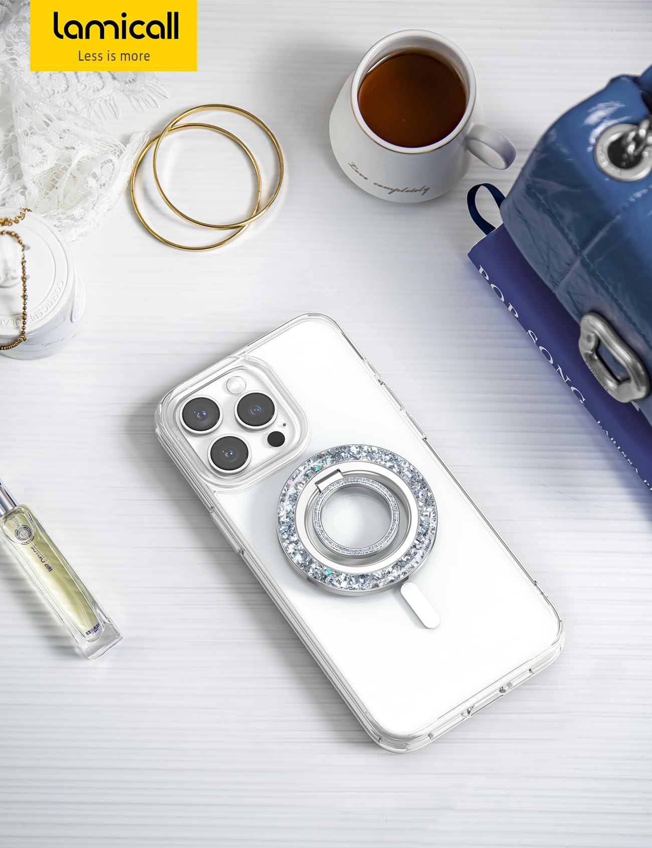 Lamicall Magnetic Phone Ring for MagSafe Grip - 2025 [Super Magnet] Stylish Twinkle Ring Holder Stand with [Upgrade Gear Hinge], Mag Safe Accessory for iPhone 16 15 14 13 Pro Max Plus, Glitter Silver