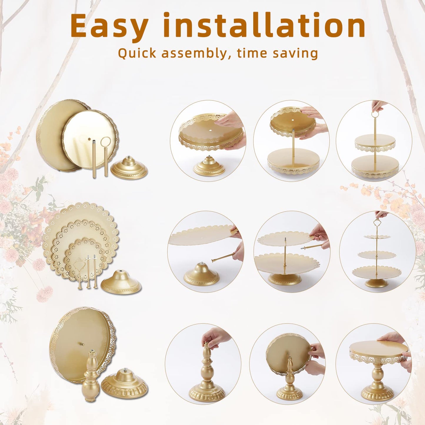 ZUMELER Gold 5Pcs Cake Stands Set Metal Round Cupcake Holder Cookies Dessert Display Plate Serving Tower Tray Platter with Handl for Baby Shower Wedding Birthday Party Celebration