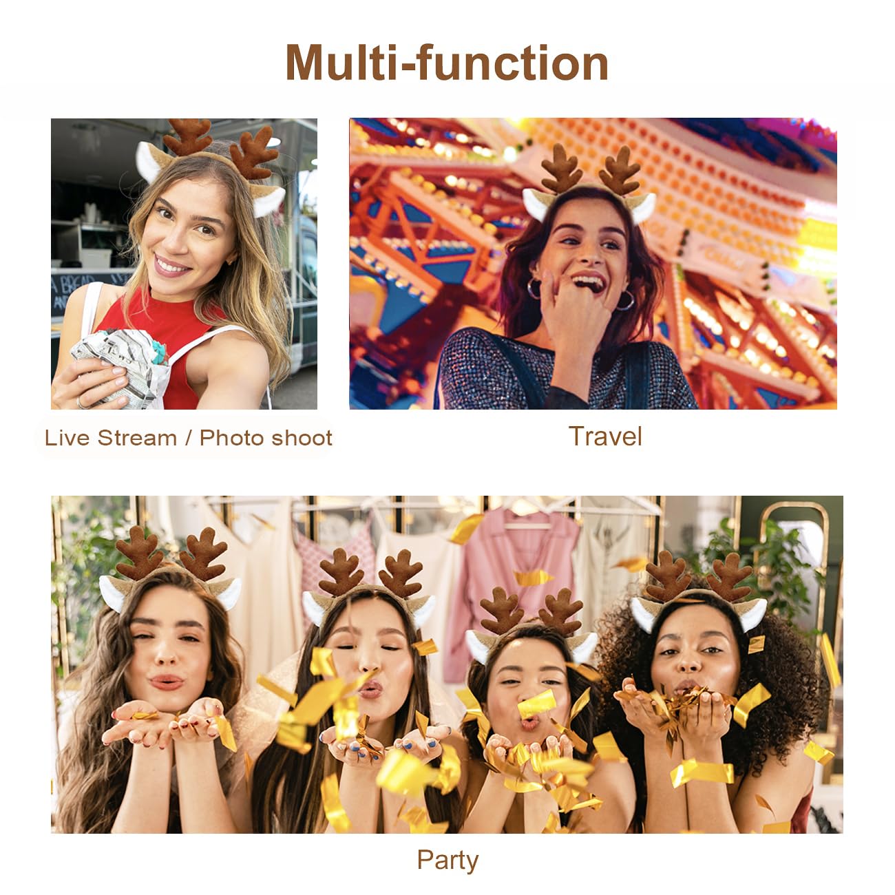 SIOTMERA 4 Pack Reindeer Antlers Headband Fluffy Animal Deer Ears Hairband Party Trips Cosplay Washing for Christmas Halloween