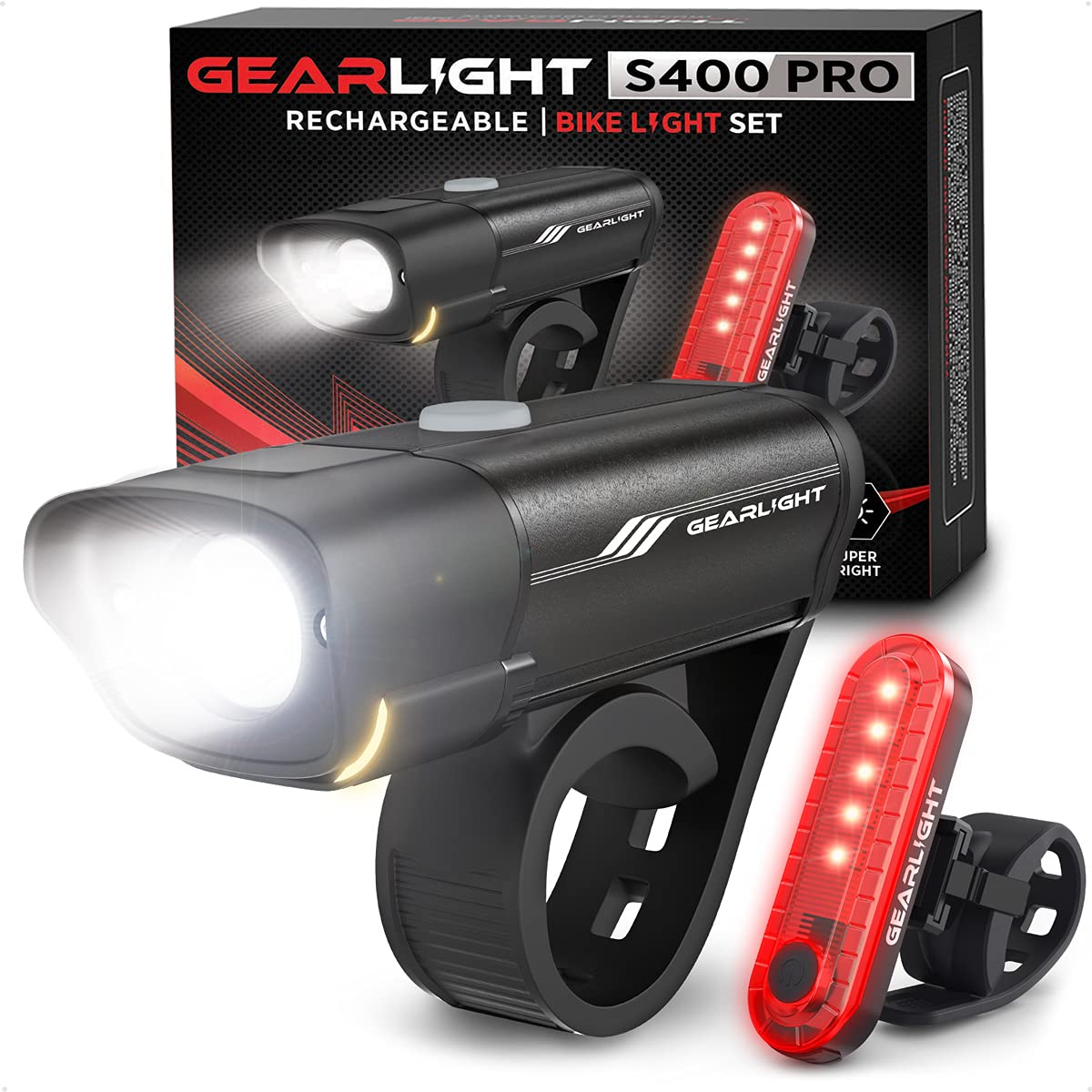 GearLight Rechargeable Bike Light, Headlight and Tail Light Set, Powerful Front and Back Lights for Night Riding Safety, Night Riding Accessories, White Elephant Stocking Stuffer for Men - Black, Red