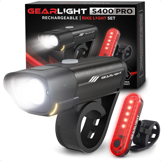 GearLight Rechargeable Bike Light, Headlight and Tail Light Set, Powerful Front and Back Lights for Night Riding Safety, Night Riding Accessories, White Elephant Stocking Stuffer for Men - Black, Red