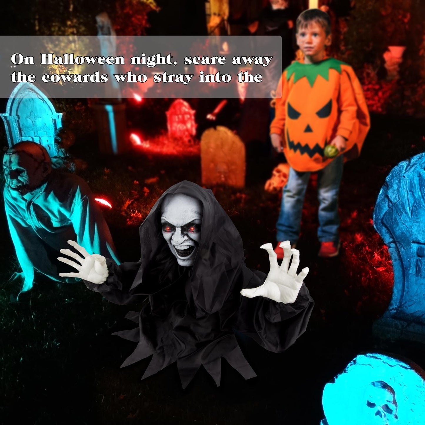 Halloween Animatronics Decorations - Scary Grim Reaper with Sound Activated, Creepy Sound, Light Up Eyes, Scary Motion for Halloween Indoor/Outdoor Yard Lawn Decoration, Haunted House Props