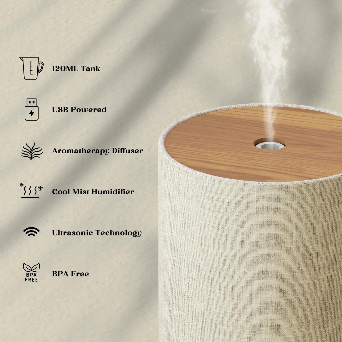 Essential Oil Diffuser with Fabric Cover, SNOWSEN 120ml Aromatherapy Diffuser with 8 LED Color Changing Lights & Night Lamp, Auto Off Function, Cool Mist Humidifier for Essential Oils for Home