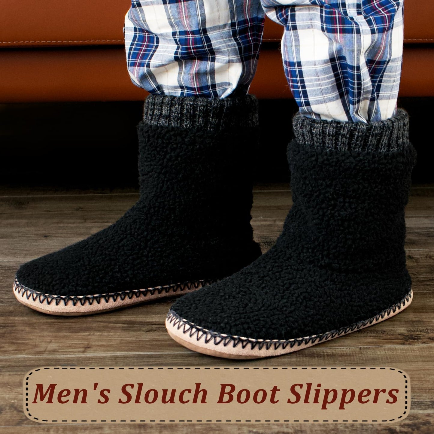 cosyone1997 Cozy Boot Slippers for Men Indoor, Fuzzy House Shoes with Non Slip Gripper Soles, Soft Warm Moccasin Socks, Winter Gifts for Christmas Unique, Black Adult Size 10-11