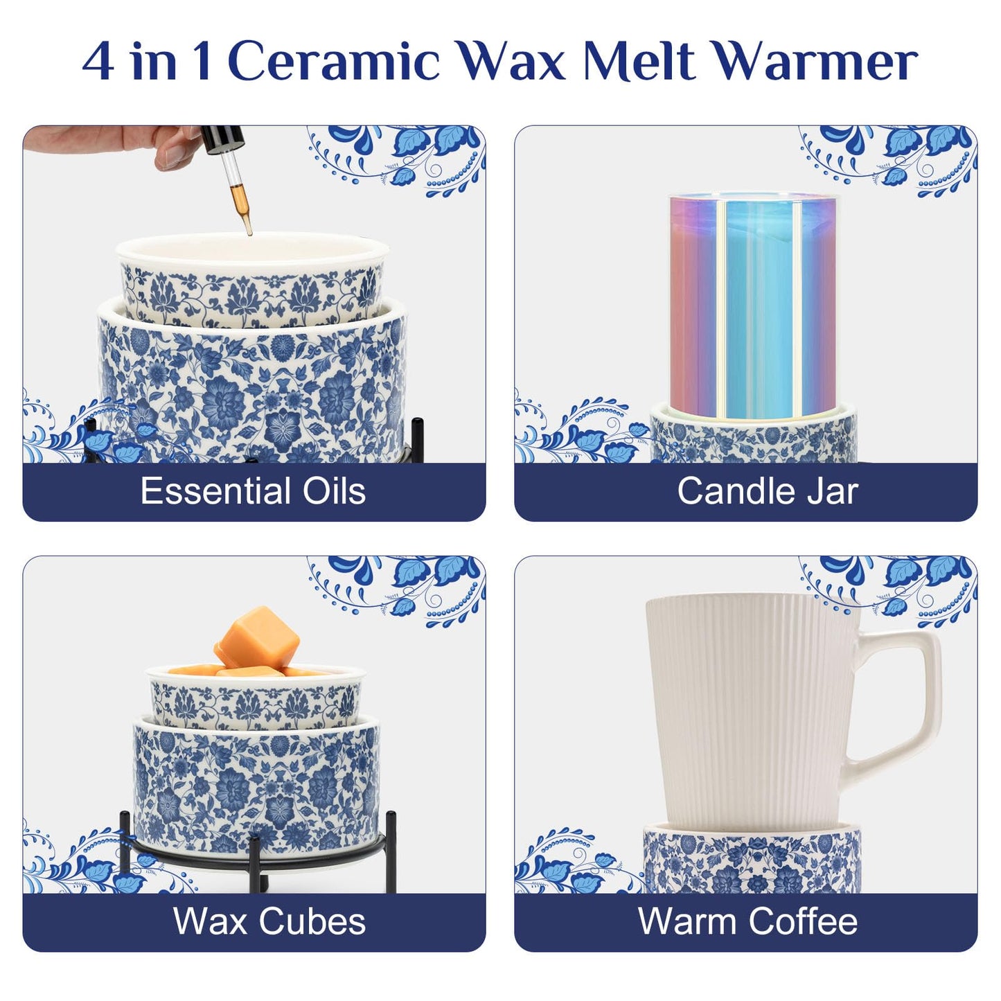 NAFANG Blue & White Porcelain Pattern Wax Melt Warmer,Ceramic 3-in-1 Electric Candle Wax Warmer for Scented Wax Melter Oil Burner for Home Office Bedroom Gift & Decor (with KD Iron Shelf)