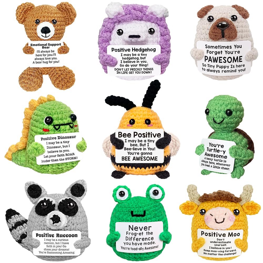 Positive Crochet Animals Bulk, Emotional Support Crochet Animals, Mini Inspirational Gift for Women Friends Coworkers Students Employee Christmas Stocking Stuffers Cute Crocheted Doll Cheer Up Gift