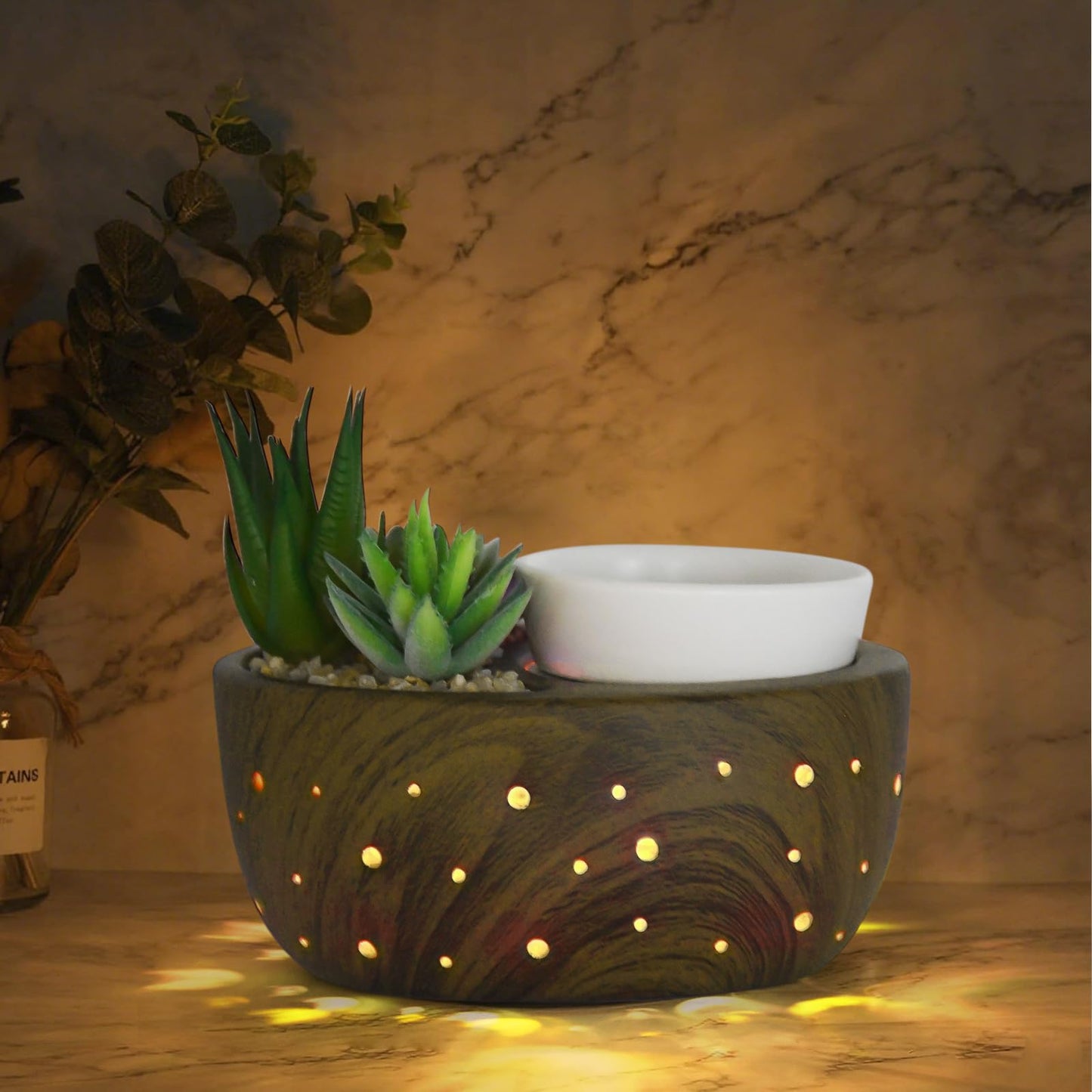 LUXARAPY Ceramic Wax Melt Warmer, 4-in-1 Electric Wax Warmer with PTC Heating Plate and LED Lighting, Succulent Bowl for Wax Melting, Mug Warming, Oil Diffusion, Home Office Spa Decor